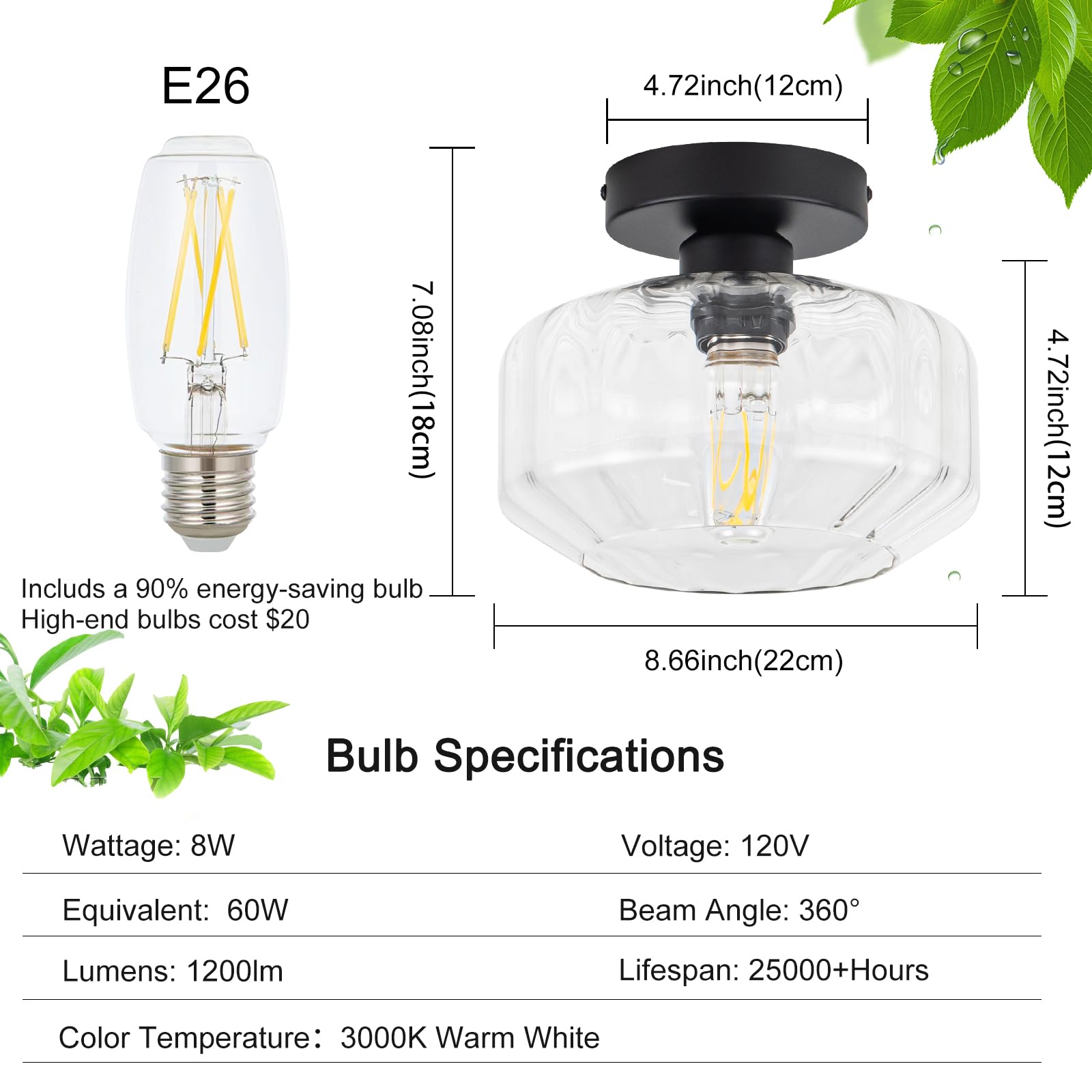 Tbaoinla Stylish Semi Flush Mount Ceiling Light With Retro Charm Hexagonal Diamond Textured Glass Shade Black Base Includes Led