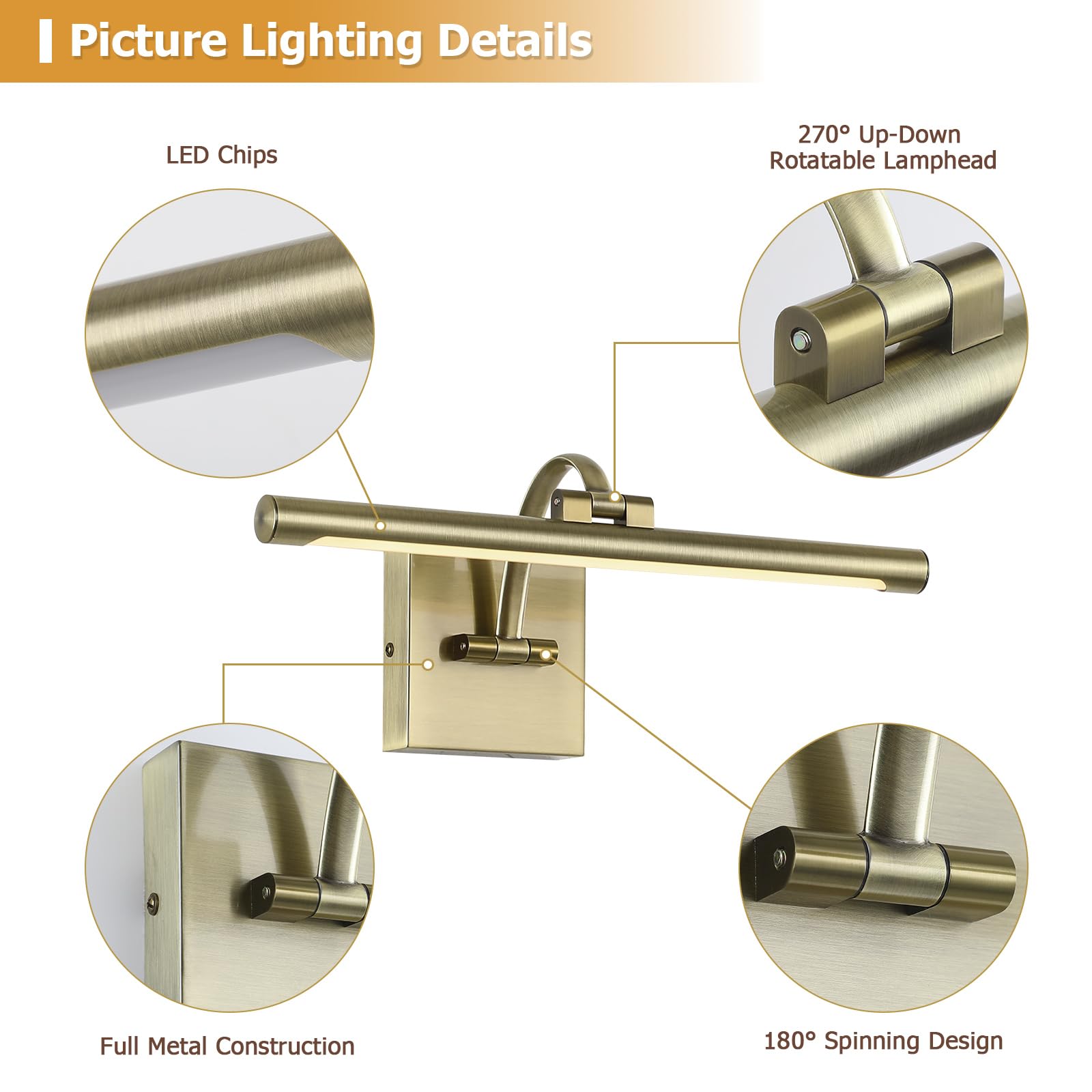 DESOOP Dimmable Picture Light - 15.75" Antique Bronze LED Art Lighting, Model 7115, Ideal for Wall Portraits and Artwork