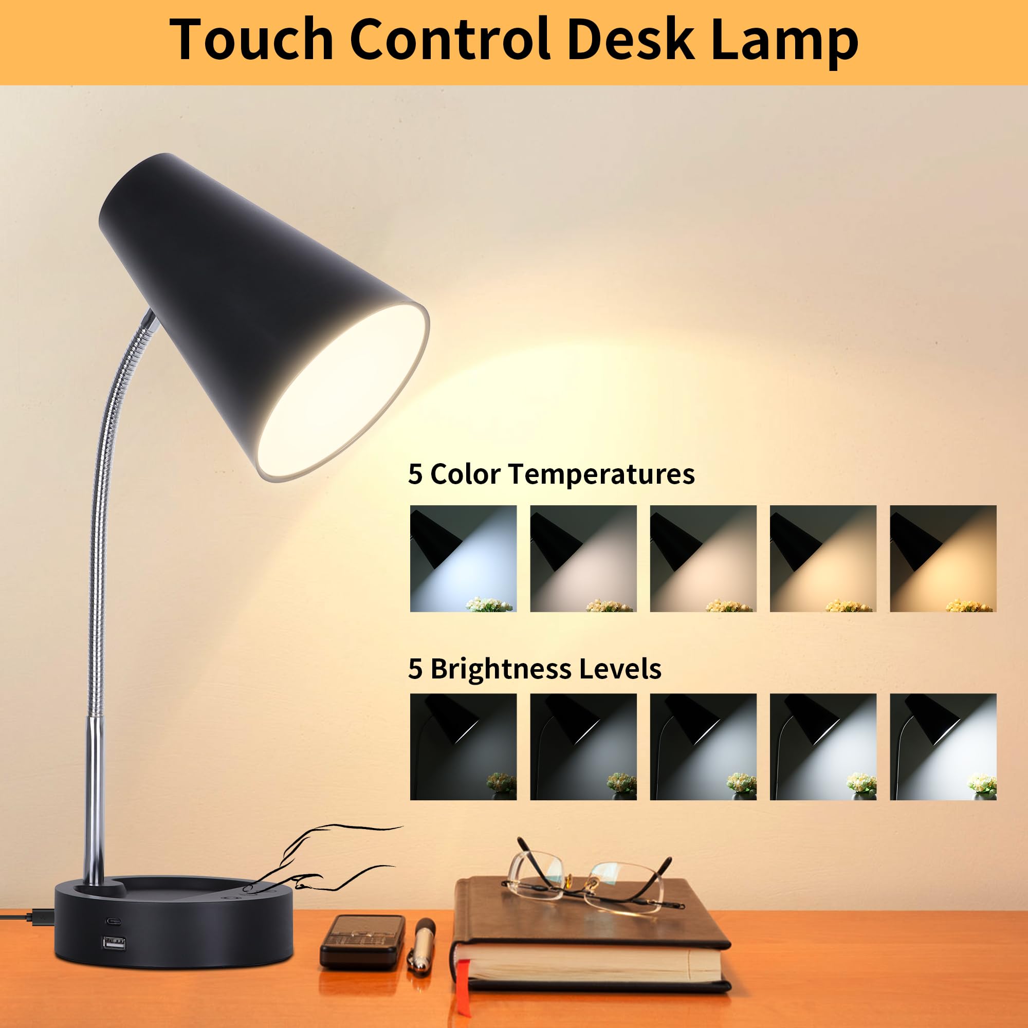Runtop Desk Lamp, Black Desk Lamps For Home Office, Led Desk Light With Usb Port And Type C Port, 5 Brightness Levels, 5 Color T