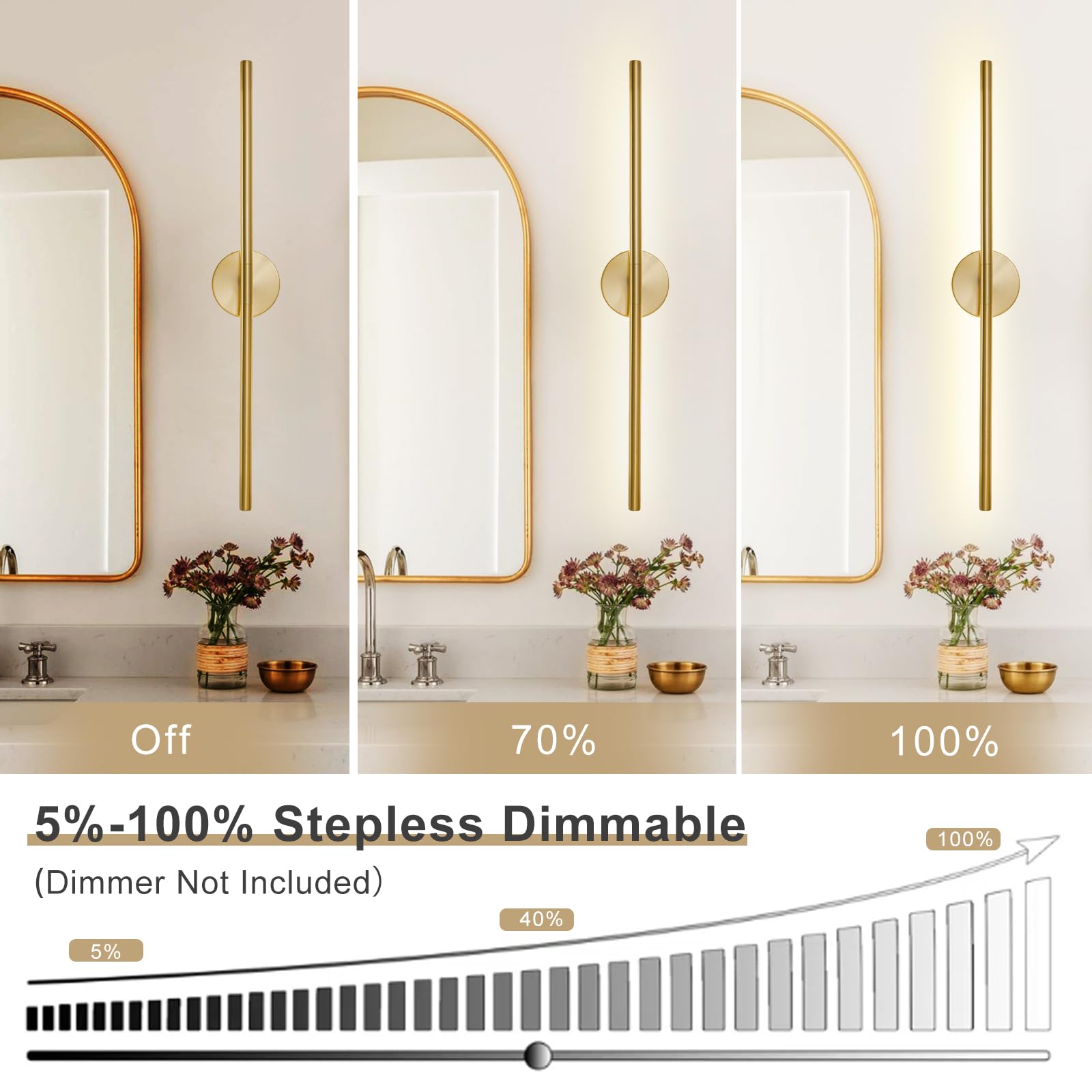 LINSEEDS Gold Bathroom Light Fixture, 36 Inch, 26W Dimmable LED Vanity Light Bar, Metal, Model RD-7516-GD-36