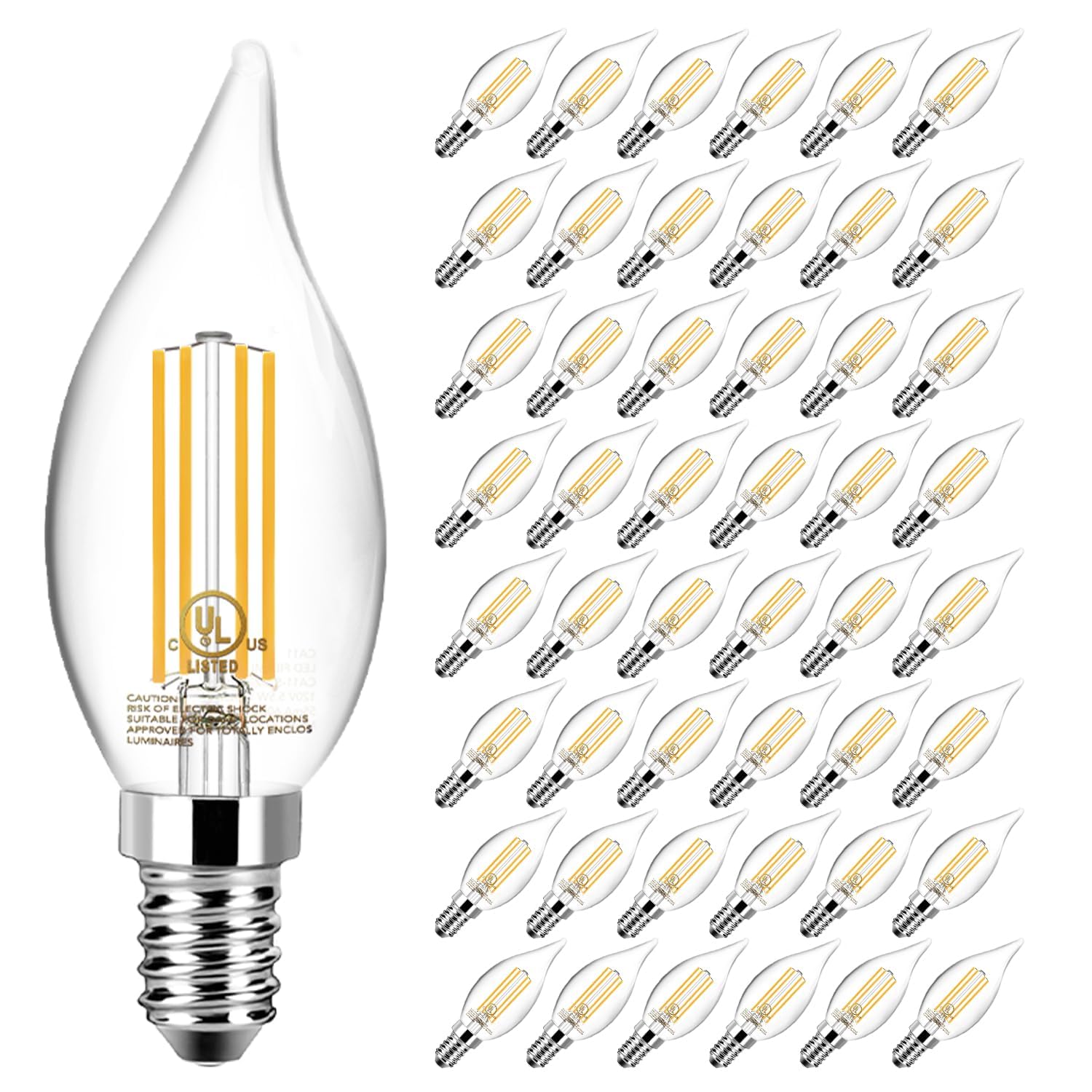 TJOY LED Candelabra Bulb Dimmable  60W Equivalent LED Chandelier Light Bulbs  5.5W 2700K Warm White 600LM CA11 Flame Tip Vintage Filament Candle Light with Decorative E12 Candelabra Base  48 Pack