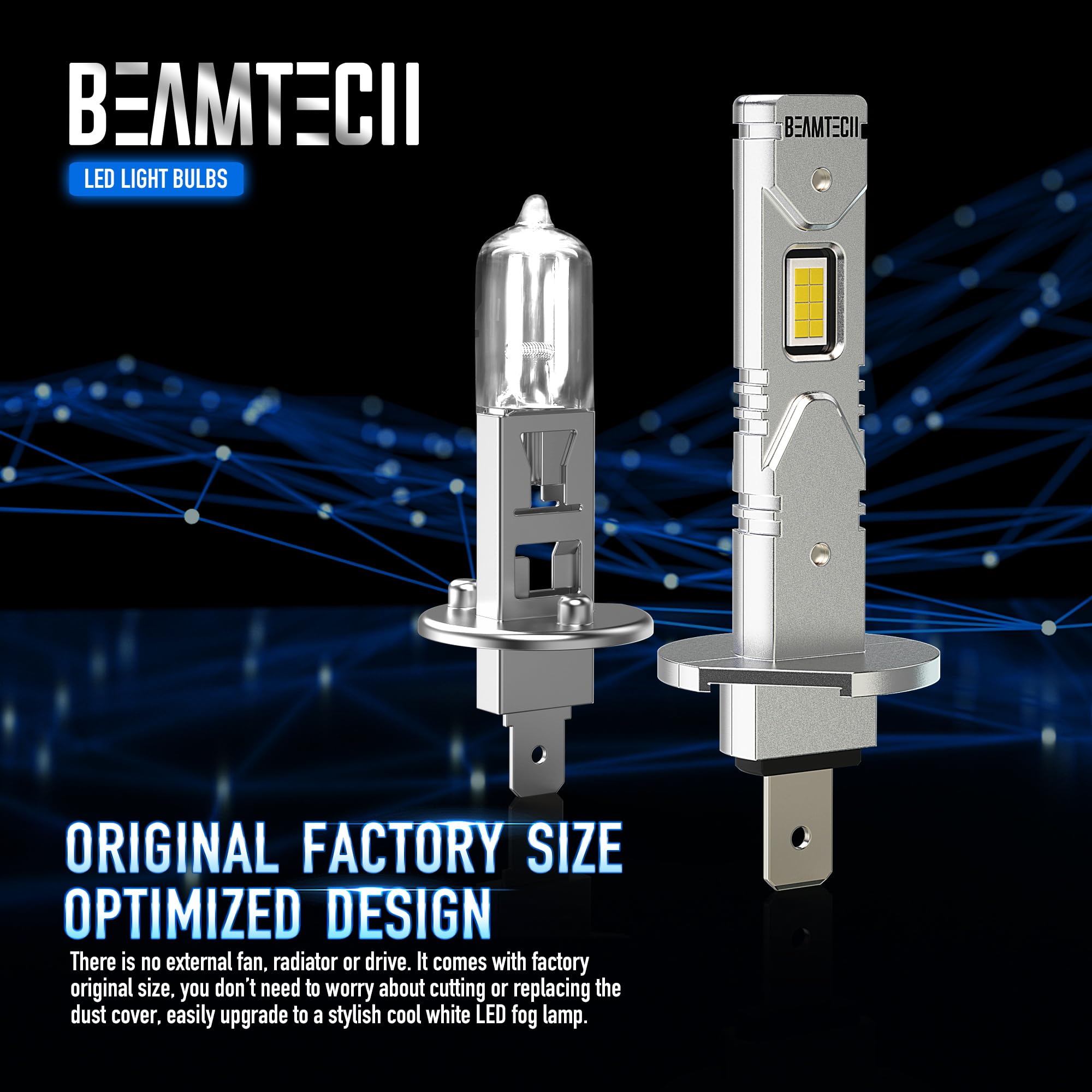 BEAMTECH H1 LED Fog Light Bulb, 2800 Lumens, 6500K Xenon White, Mini Size, Aluminum, Pack of 2
