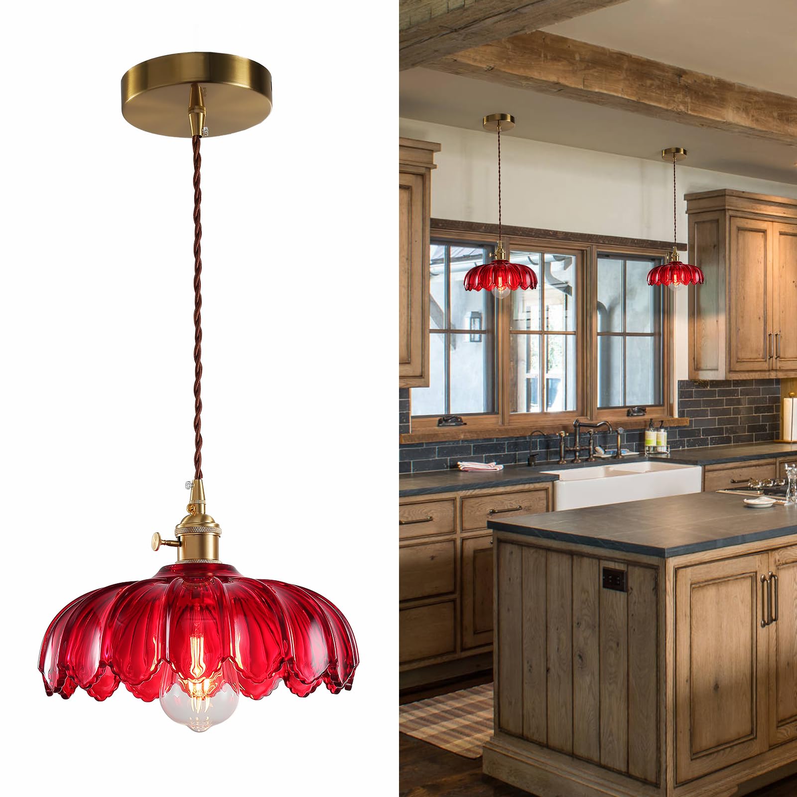 XZHGCEE Vintage Pendant Light Fixtures: Red Pendant Lights Kitchen Island, Glass Pendant Light, Modern Chandelier Pendant Red Li