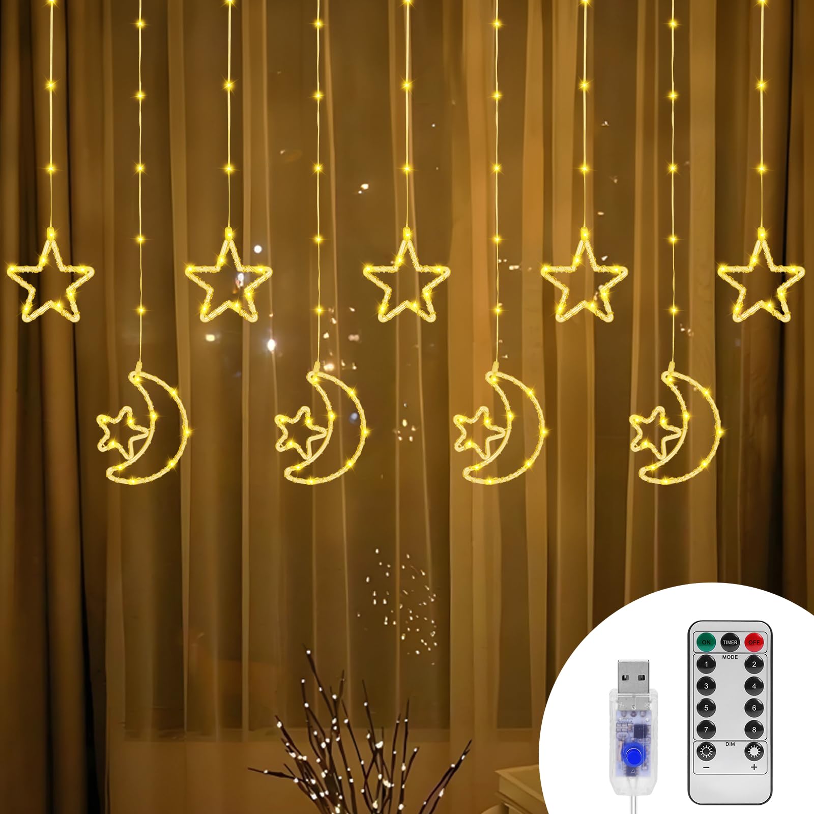 BomKra 130 LED Star Moon Curtain Decorative Lights  Ramadan Window Curtain Fairy String Lights  Remote Control & USB Plug  8 Lighting Modes  for Indoor  Home Holiday  Party  Ramadan Decorations