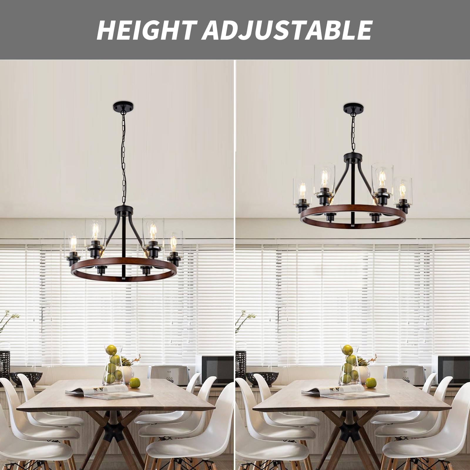 Lanhall 6-Light Chandelier, Rustic Wooden Pendant Light Fixture, Adjustable Height, Metal, Model 23927