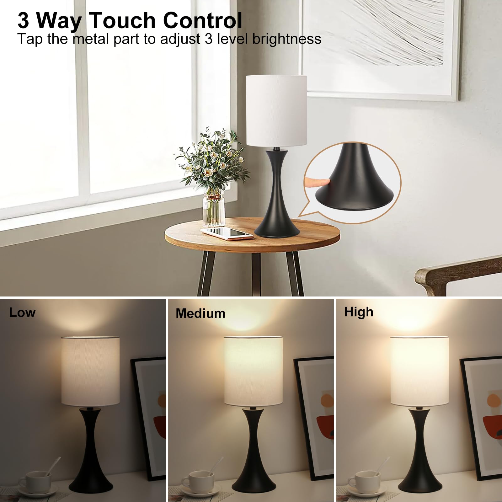 3 Way Touch Control Table Lamp, Modern Bedside Lamp For Bedroom, Dimmable Black Nightstand Lamp White Shade Desk Reading Light F