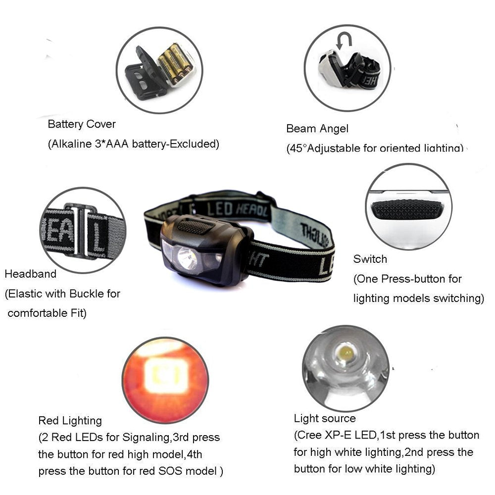 HappyOrange 4-Pack Waterproof LED Headlamp (White and Red Lights), 4 Light Modes Lightweight Headlight for Running, Hiking, Hunt