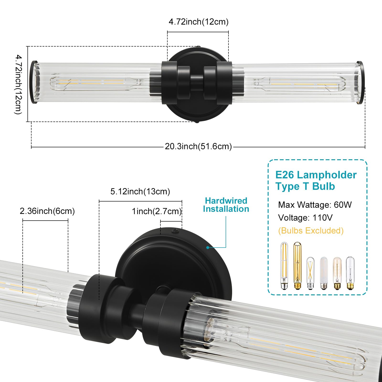 Vaziden Bathroom Light Fixtures  Black Wall Sconce In Threaded Glass Indoor Vanity Lights  Modern Bathroom Vanity Light Up And Down Sconces Wall Lighting For Bathroom  Living Room - Bulb Not Included
