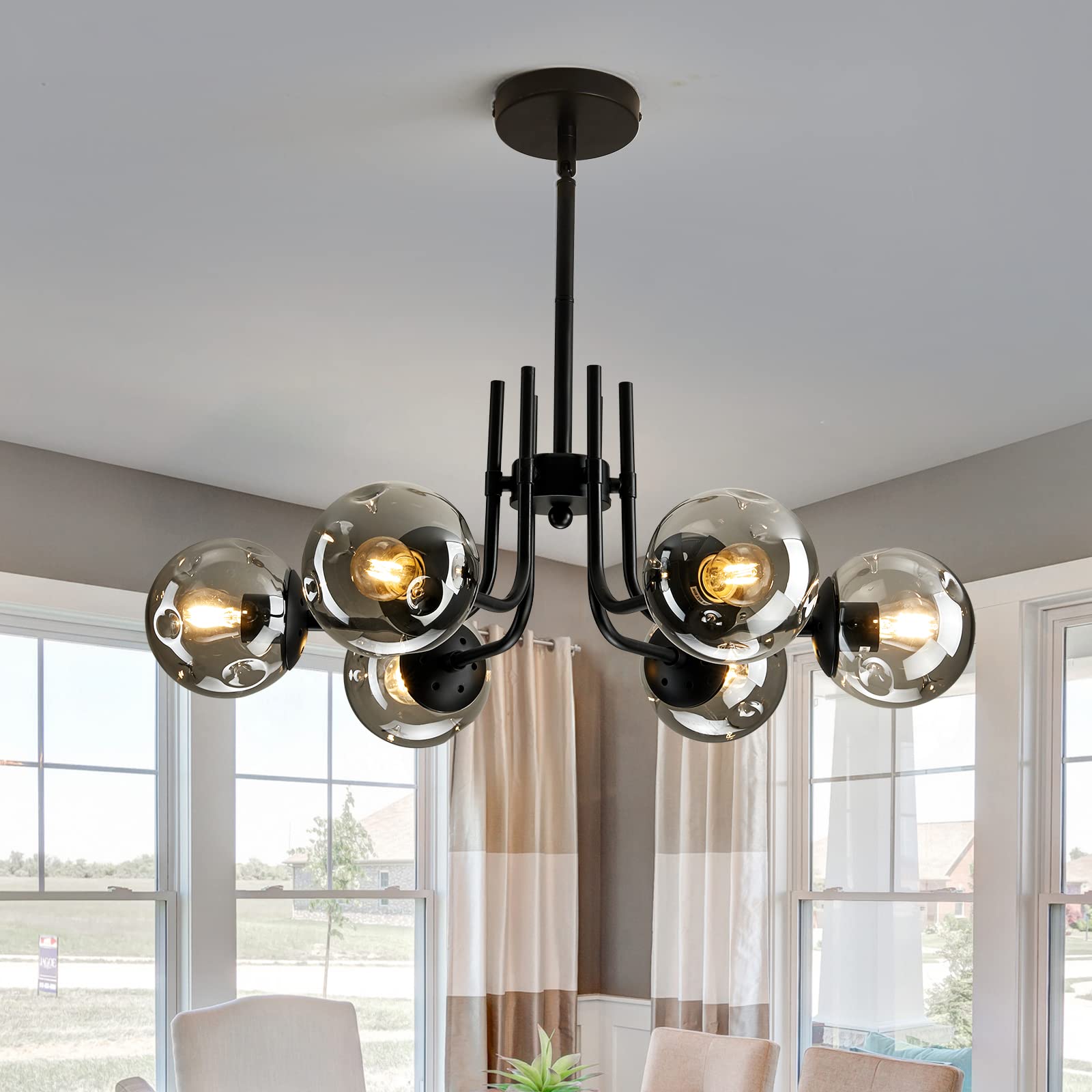 Hesoge 6-Light Glass Globe Sputnik Chandelier, Modern Metal Ceiling Light Fixture, Black, Semi Flush Mount, Ideal for Living Room, Dining Room, Kitchen.
