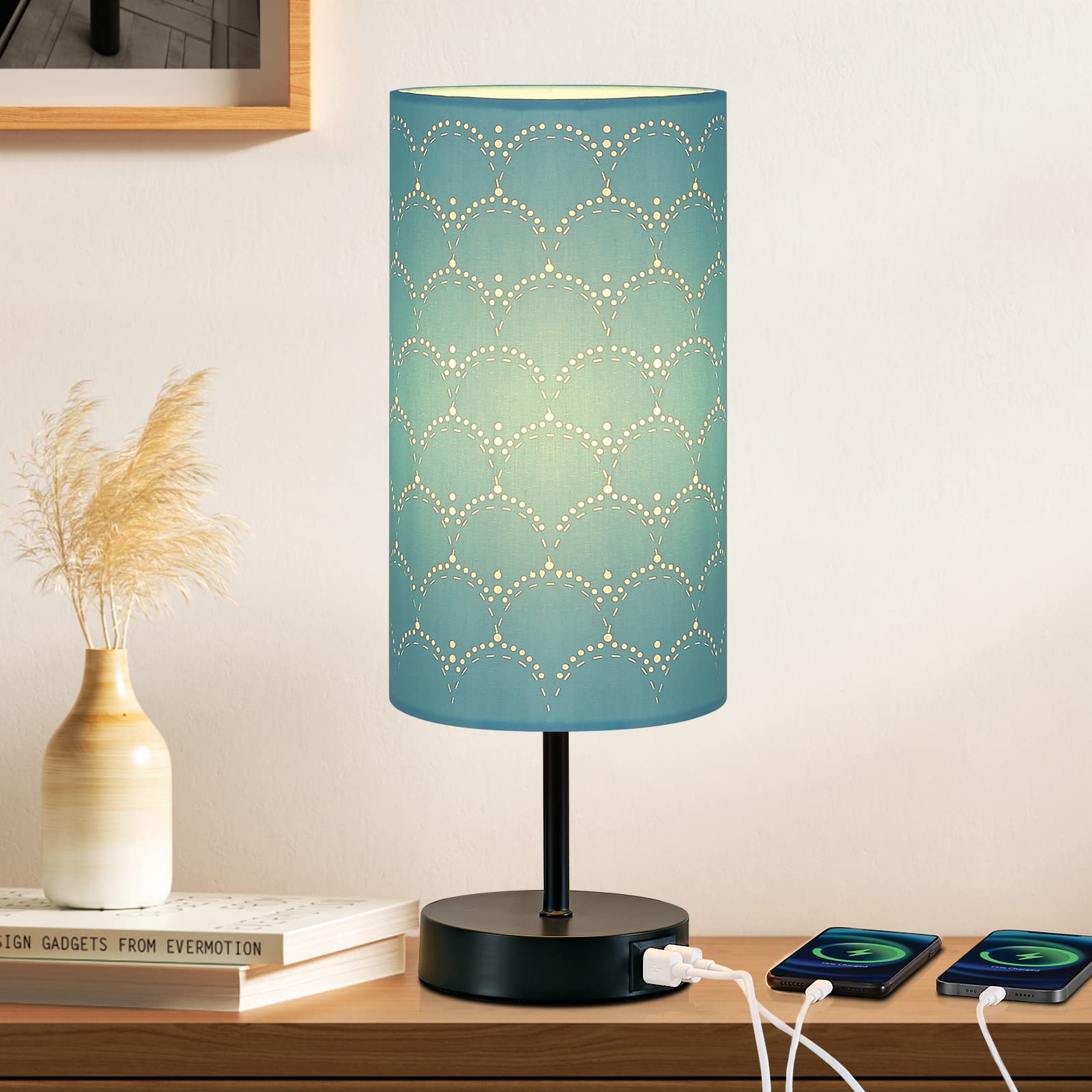 CINSARY Touch Control Bedside Lamp, 3-Way Dimmable, Blue Fabric Shade, 2 USB Ports, E26 LED Bulb Included