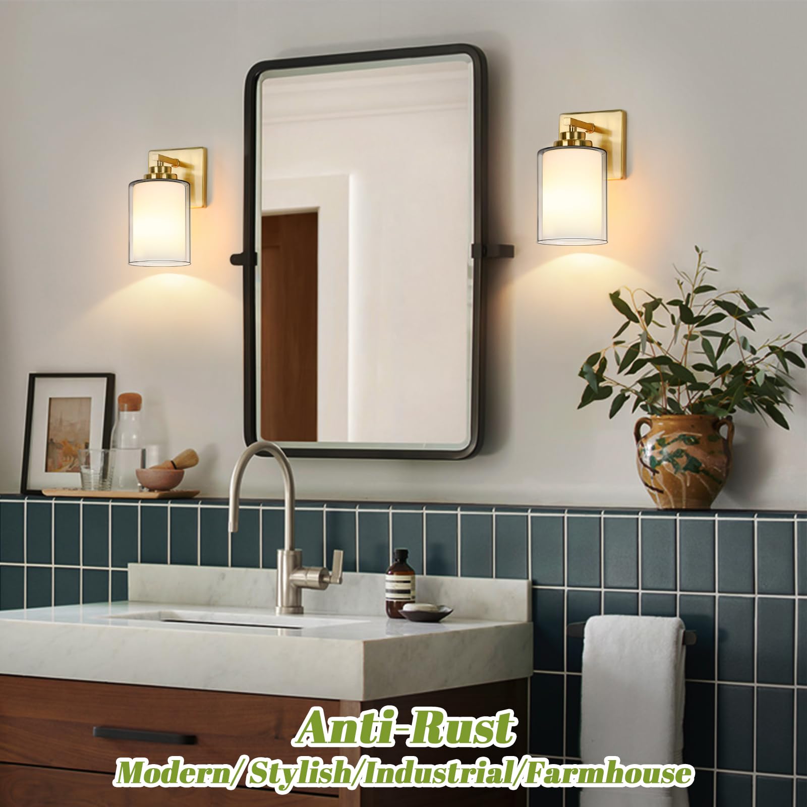 Set Of 2 Wall Sconces For Bathroom  Modern Vanity Light Fixtures  Gold Wall Mount Lighting Lanterns  Farmhouse Wall Lights With Double Clear Glass Shade For Bedroom Living Room Mirror Hallway