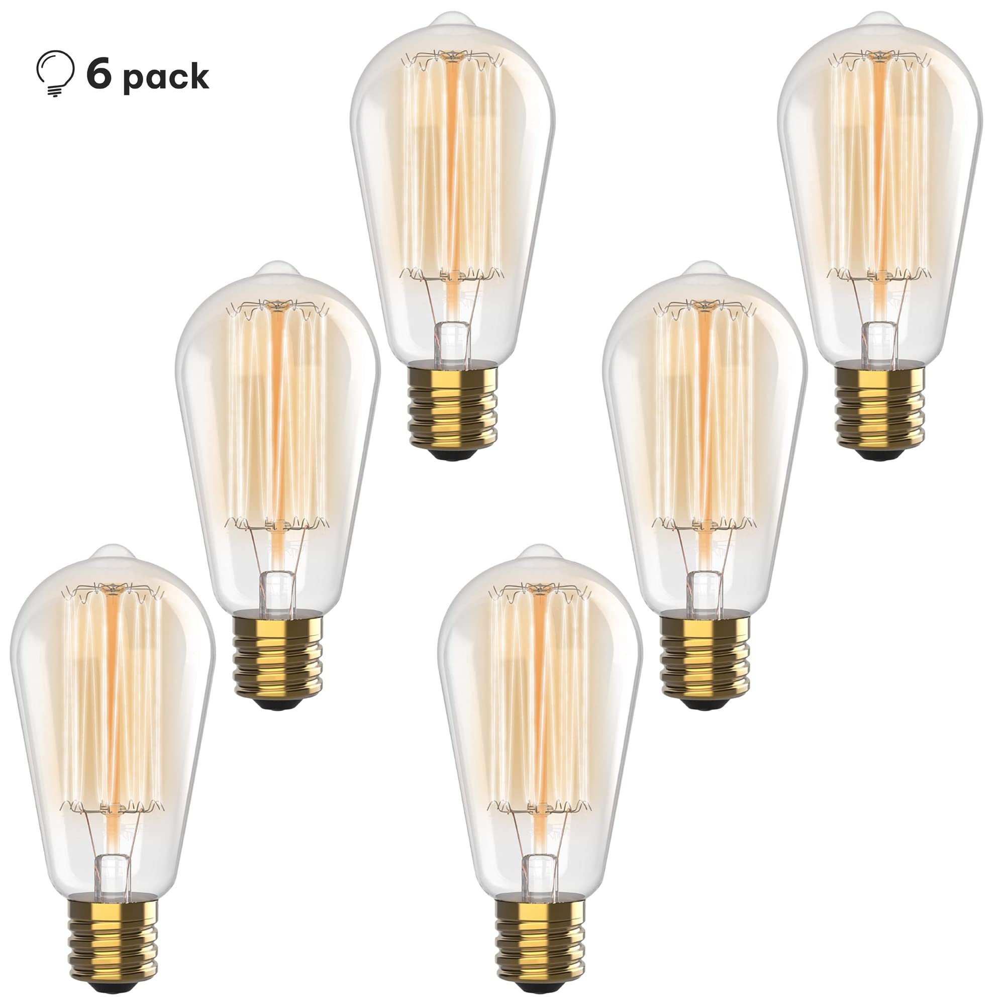 Vintage Edison Incandescent Light Bulbs - 6-Pack 60W, E26/E27, Dimmable 2100K Antique Filament Lamp - St64 Squirrel Design For I