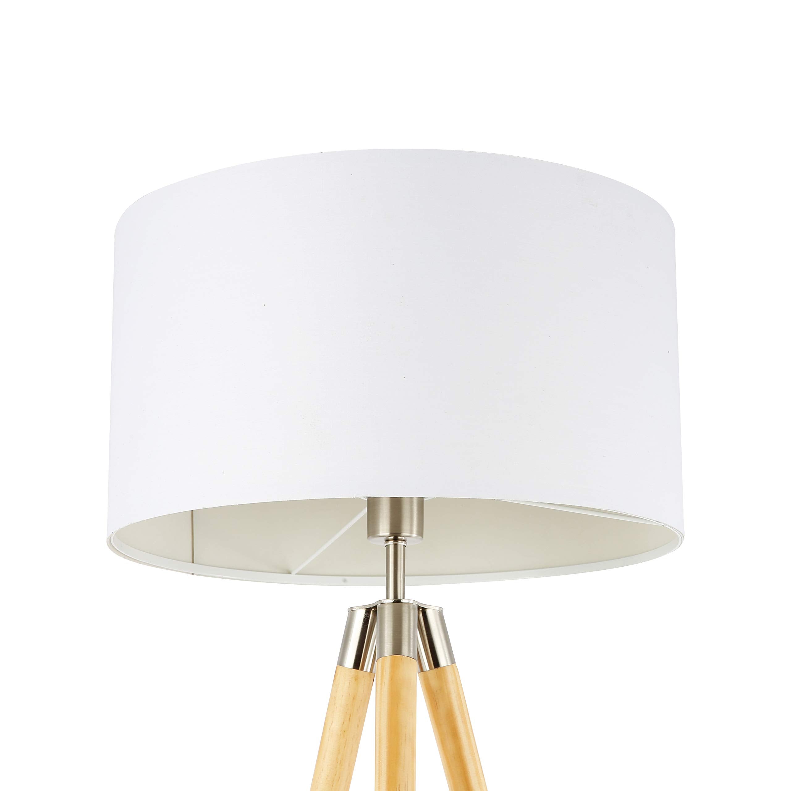 Light Society Celeste Tripod Floor Lamp, Natural Wood Legs with Satin Nickel Finish and White Fabric Shade, Mid Century Contempo