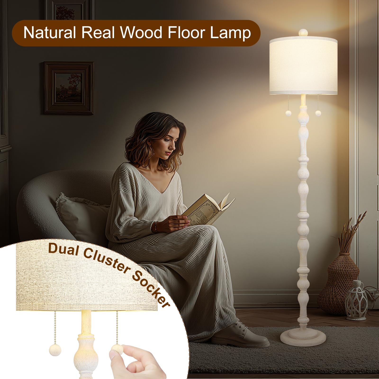 Scenekoy 65.5” Wood Floor Lamp - Washed White, Dual Socket, Pull Chains, Linen Shade, Model ZL012-WH, Ideal for Living Room & Bedroom