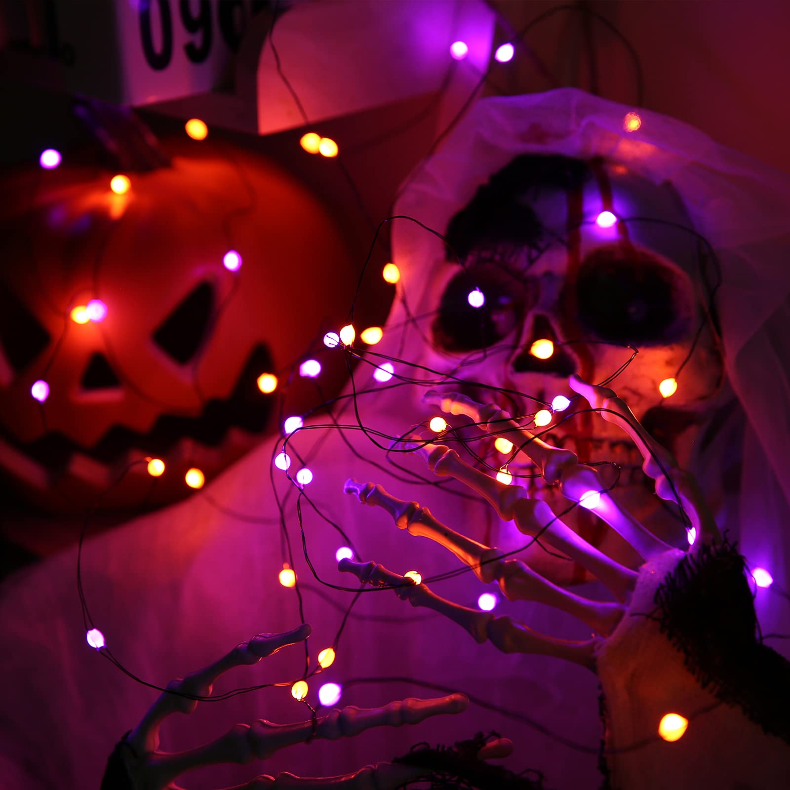Lomotech Orange Purple Halloween Lights, 2 Pack 16.4Ft 50 Led Battery Operated Halloween Fairy Lights With Timer Function, 8 Mod