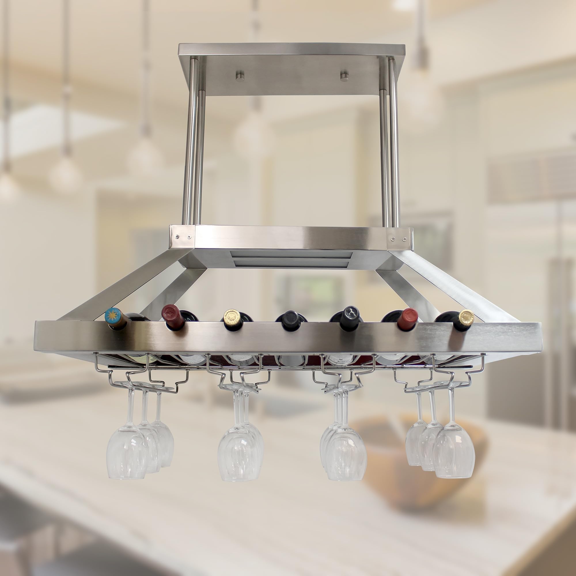 Elegant Designs Wr1000-Bsn Kitchen Hanging Led Light Overhead Wine Rack Island Pendant Chandelier Bottle And Glass Storage Display, Brushed Nickel