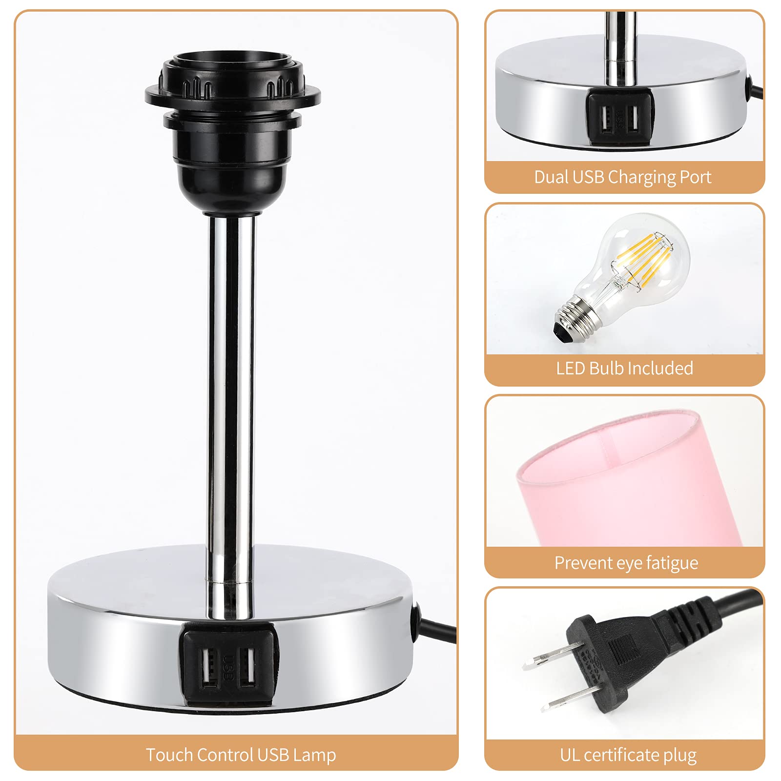 Yarra-Decor Bedside Lamp With Usb Port - Touch Control Table Lamp For Bedroom 3 Way Dimmable Nightstand Lamp With Round Pink Fabric Shade For Living Room, Dorm, Home Office (Led Bulb Included)