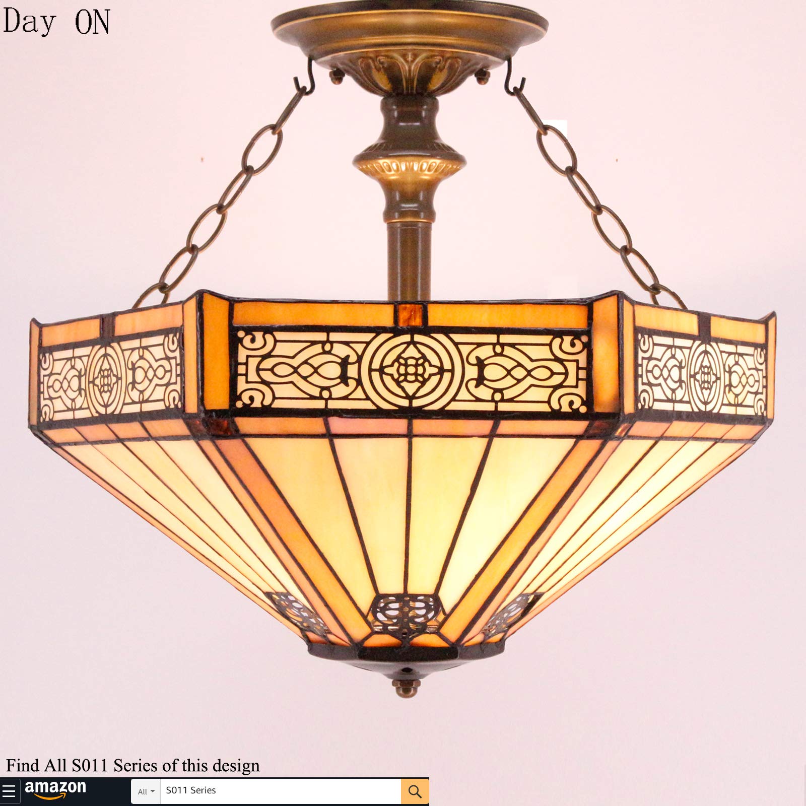 WERFACTORY Tiffany Ceiling Light Fixture Yellow Hexagon Stained Glass Mission Semi Flush Mount Lamp Wide 16 Inch Height 15 Inch