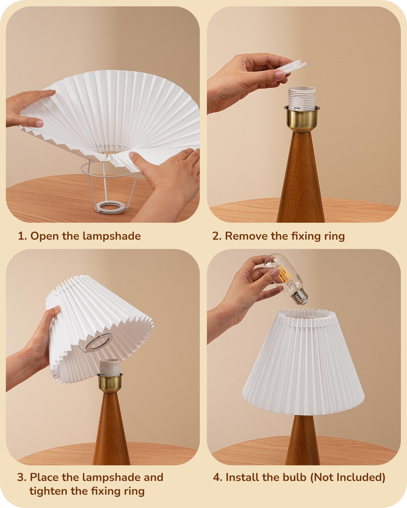 EDISHINE Small Table Lamp, Wooden Base, White Pleated Shade, E26, Dark Rosewood
