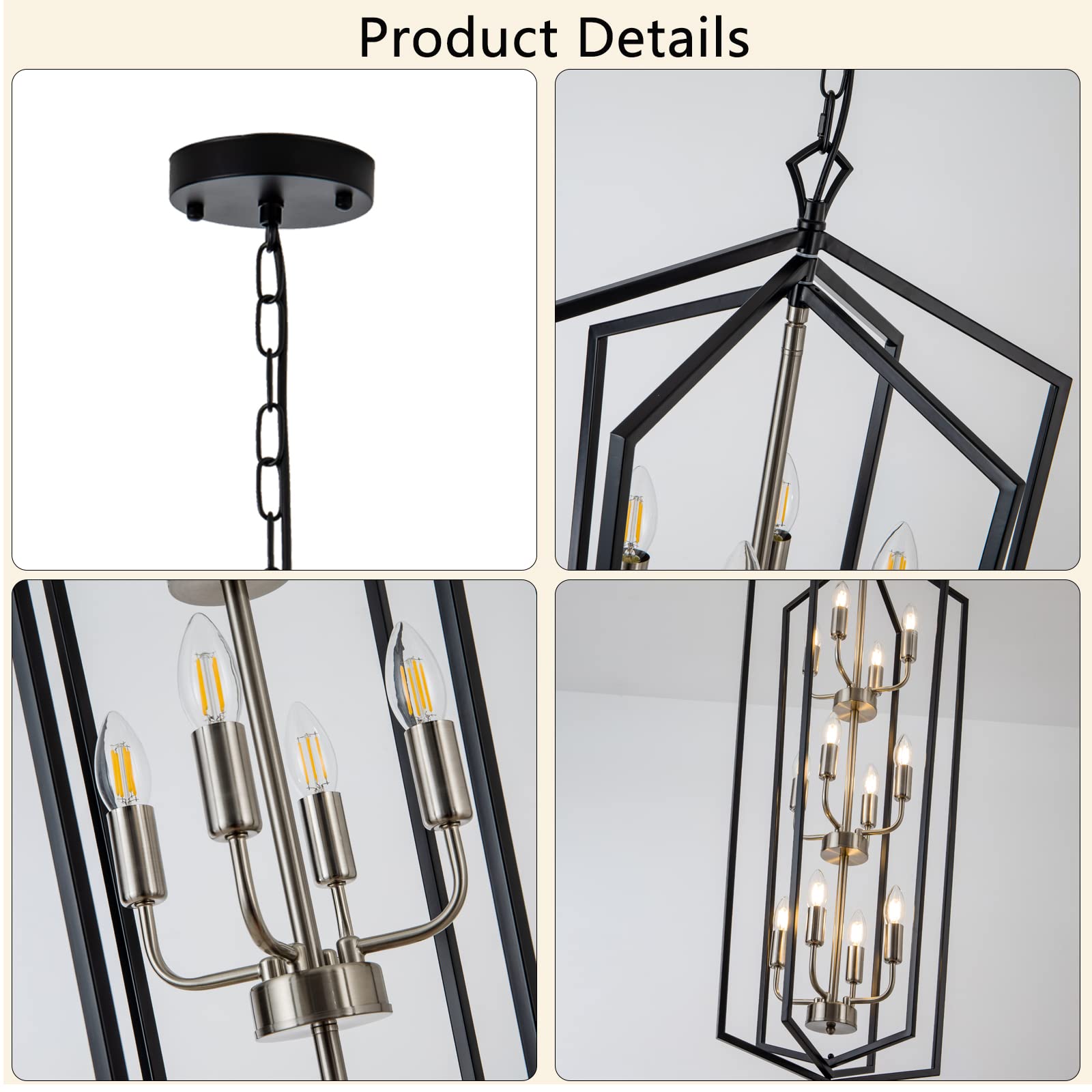 Lanhall 12-Light Industrial Pendant Chandelier, Metal, Brushed Nickel & Black, Model 500-100-1052, High Ceiling Foyer Entryway Lighting