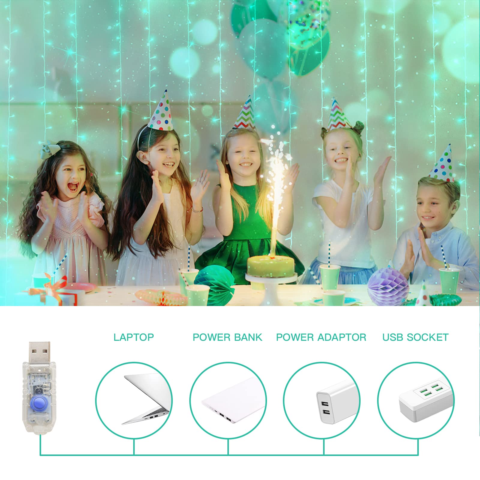 Suddus Curtain Lights For Bedroom, 200 Led Hanging String Lights Outdoor Waterproof, Fairy Curtain Lights For Backdrop, Window, Wall, Wedding, Party, Garden, Porch, Brithday Decorations, Teal