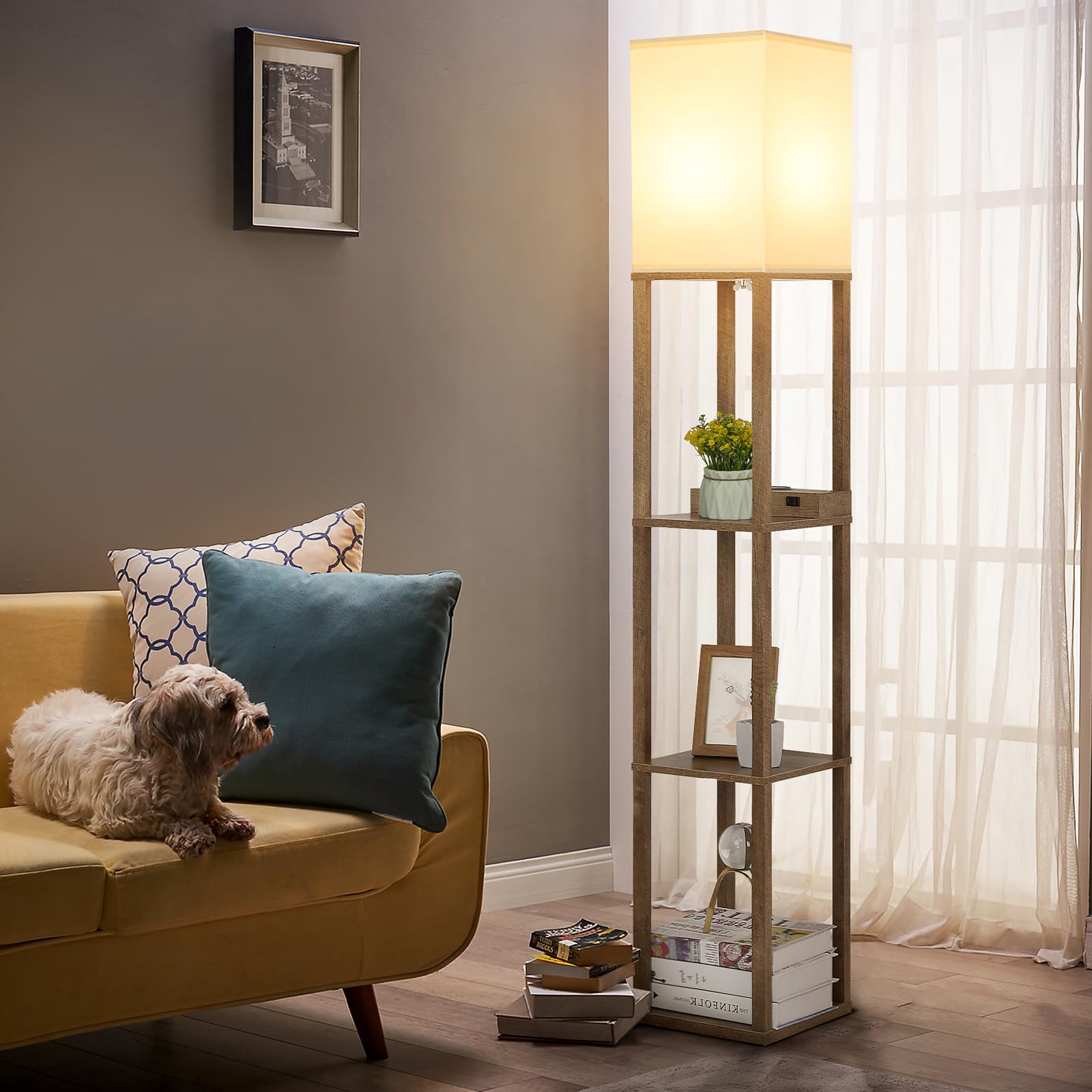 Mlambert Modern LED Shelf Floor Lamp with Wireless Charger, 2 USB Ports & 2 Outlets, Wood Finish, Model A-092, 3-Tier Storage for Bedroom/Living Room