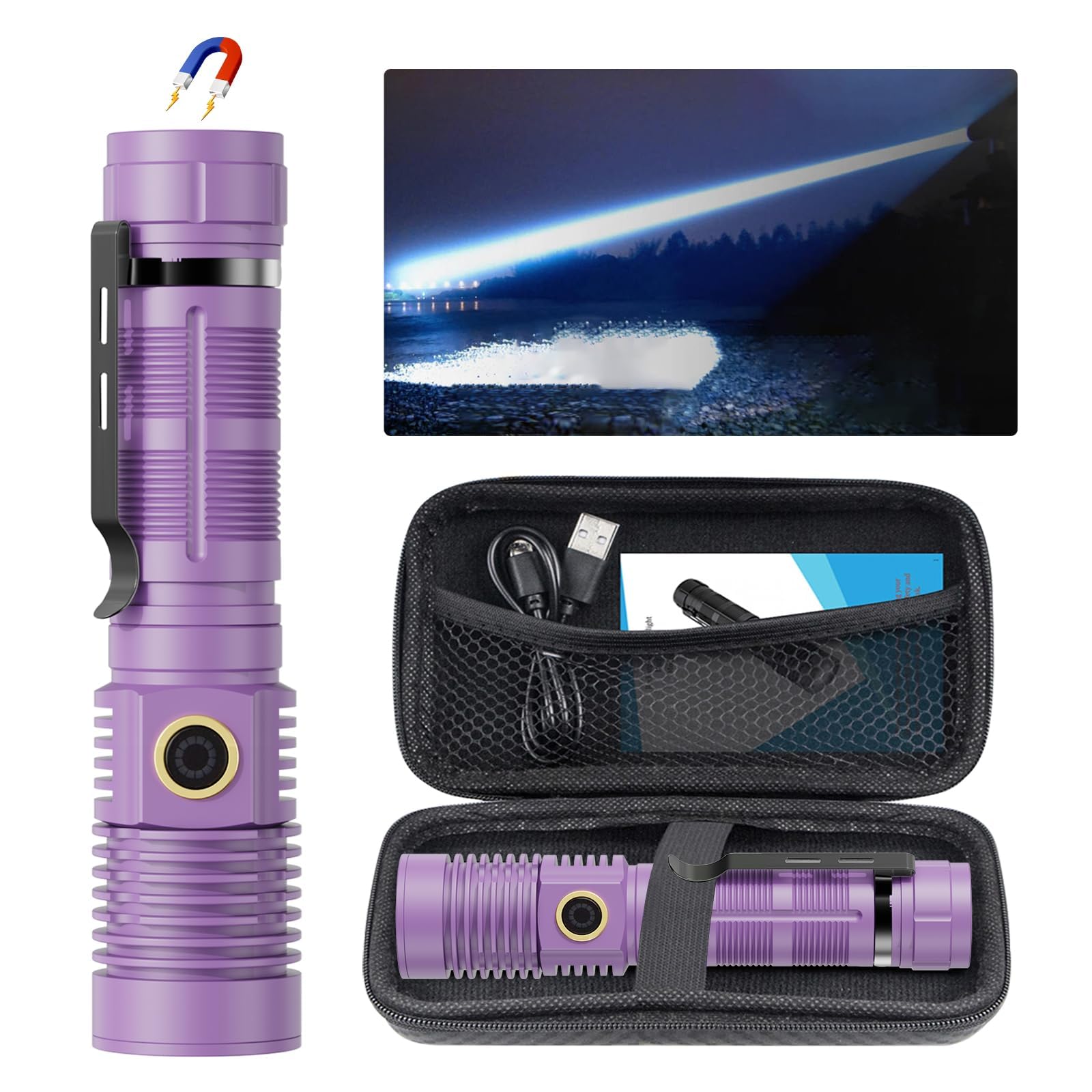 Spriak Rechargeable Flashlight High Lumens, High Lumens Super Bright Magnetic Flash Light, Long-Range Zoomable LED Flashlights f