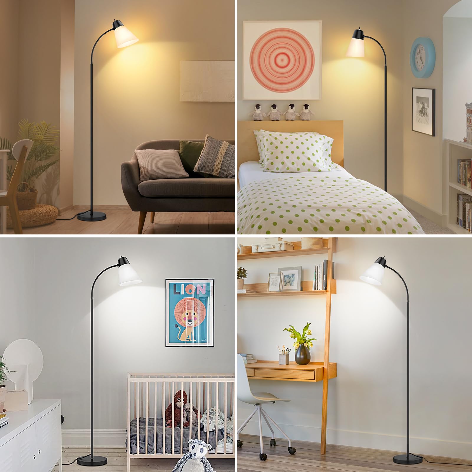 Coucrek Floor Lamp For Living Room, Adjustable Gooseneck Standing Lamp With White Plastic Shade, Black Reading Floor Lamps For D