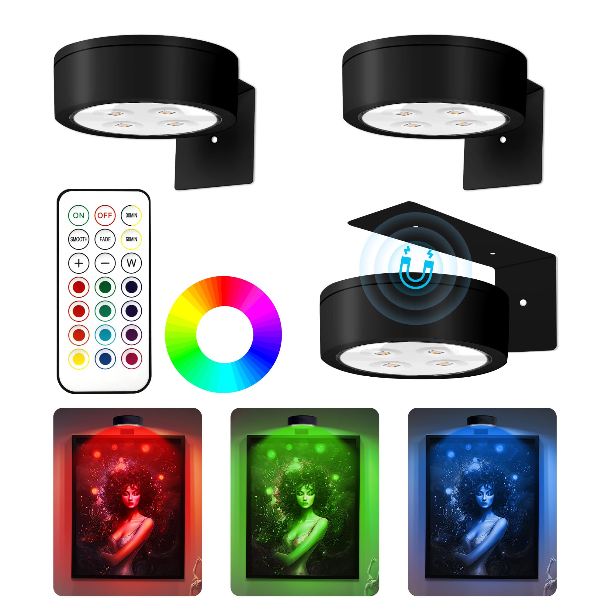 3Pcs Picture Lights for Wall, 13 RGB Color Magnetic Led Art Display Light for Picture Frame, Wireless Battery Operated Painting 