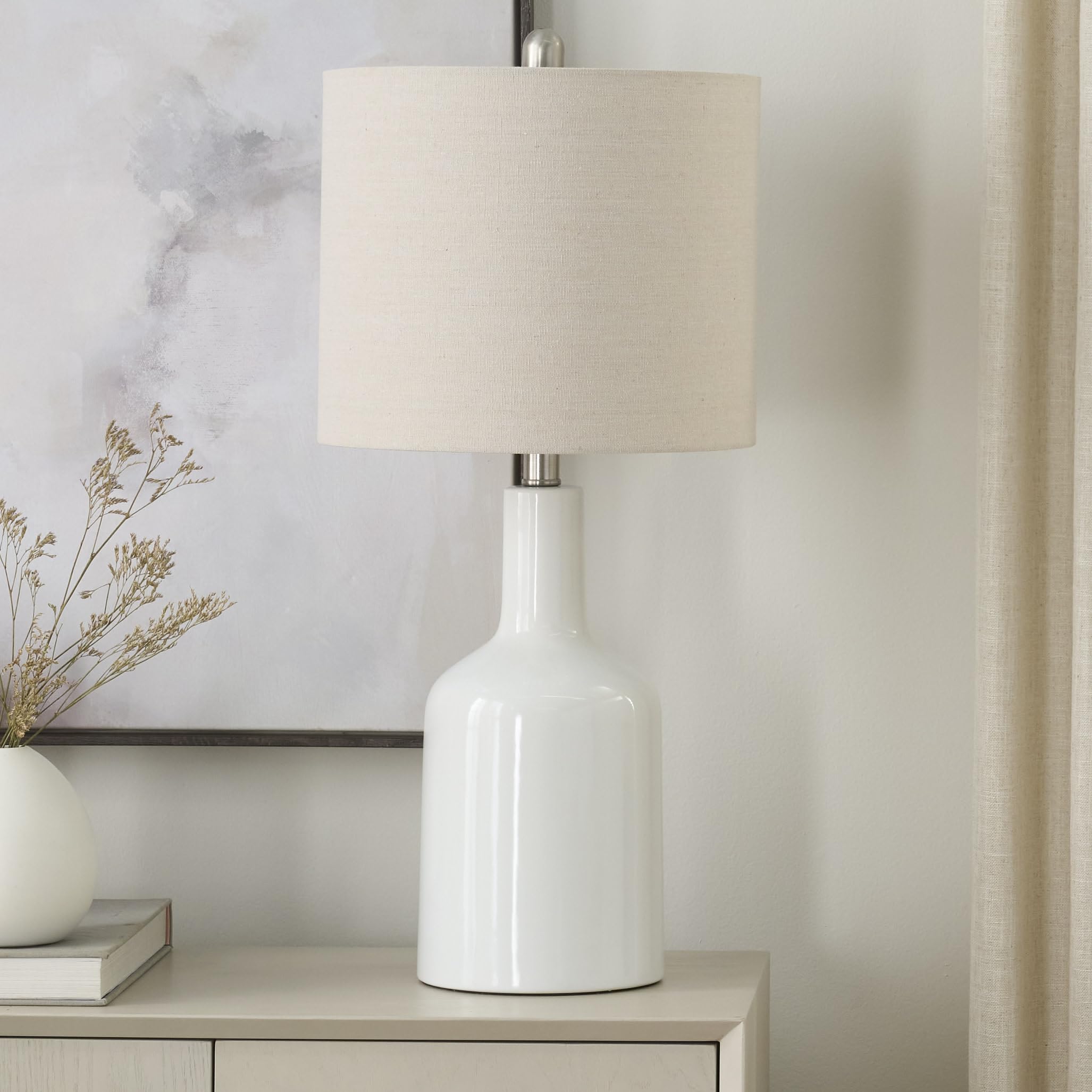 Nourison Home 22 Glossy White Ceramic Table Lamp for Modern  Transitional  Bedside Table  Living Room  Dining  Entryway
