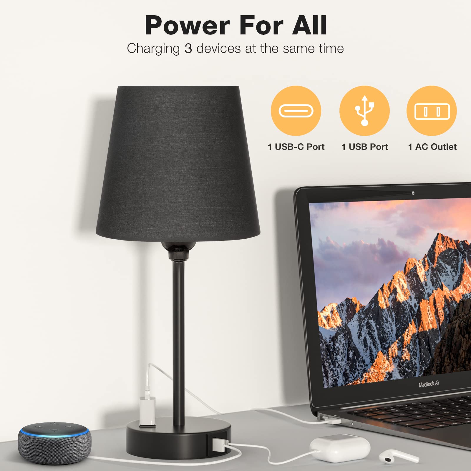 Acaxin Black Lamp Set of 2 - 3 Way Dimmable Touch Control Nightstand Lamp with USB C Port and AC Outlet for Bedroom
