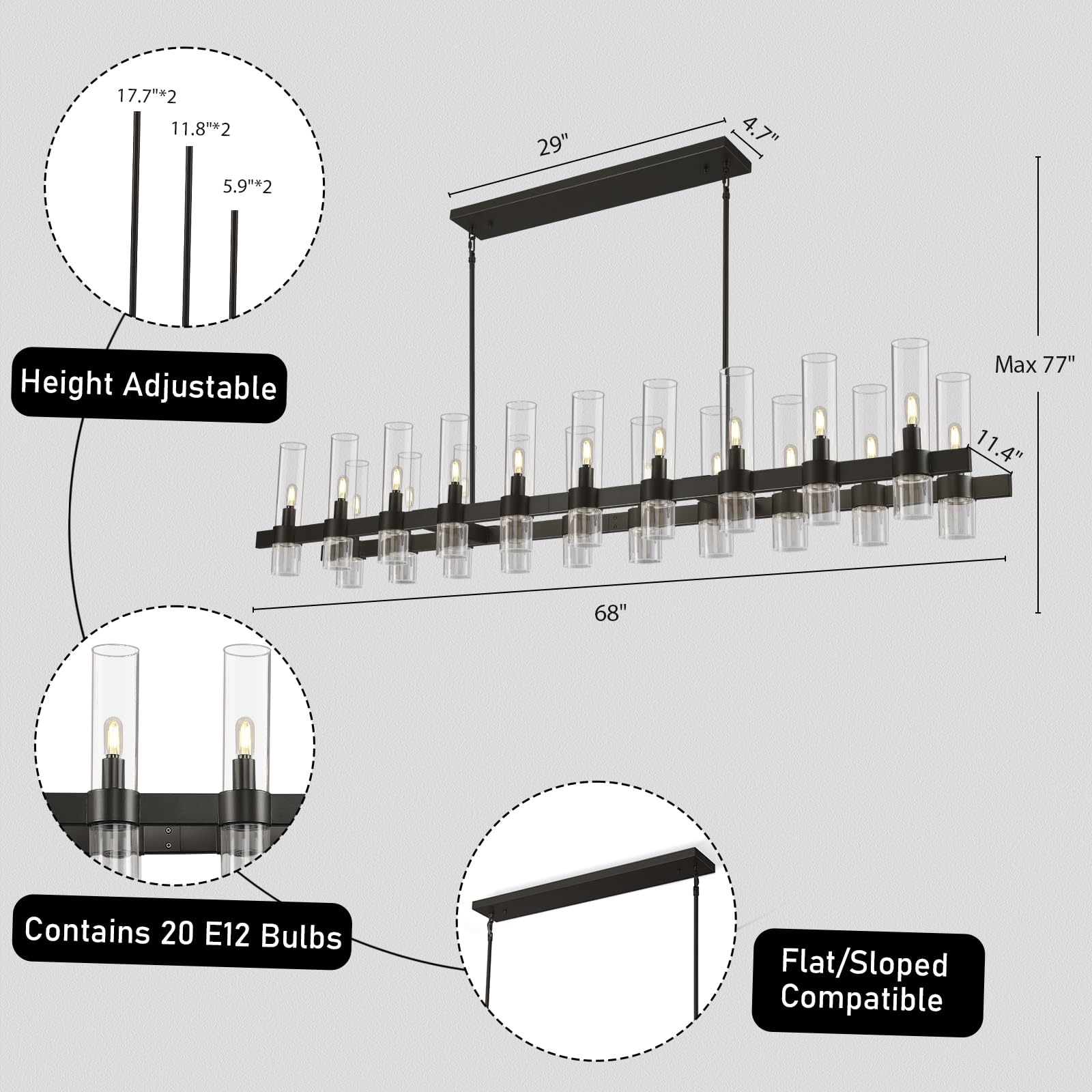 Black Linear Chandeliers For Dining Room, 68'' Rectangle Chandelier With Glass, 20-Light Dining Room Chandeliers Over Table, Bro