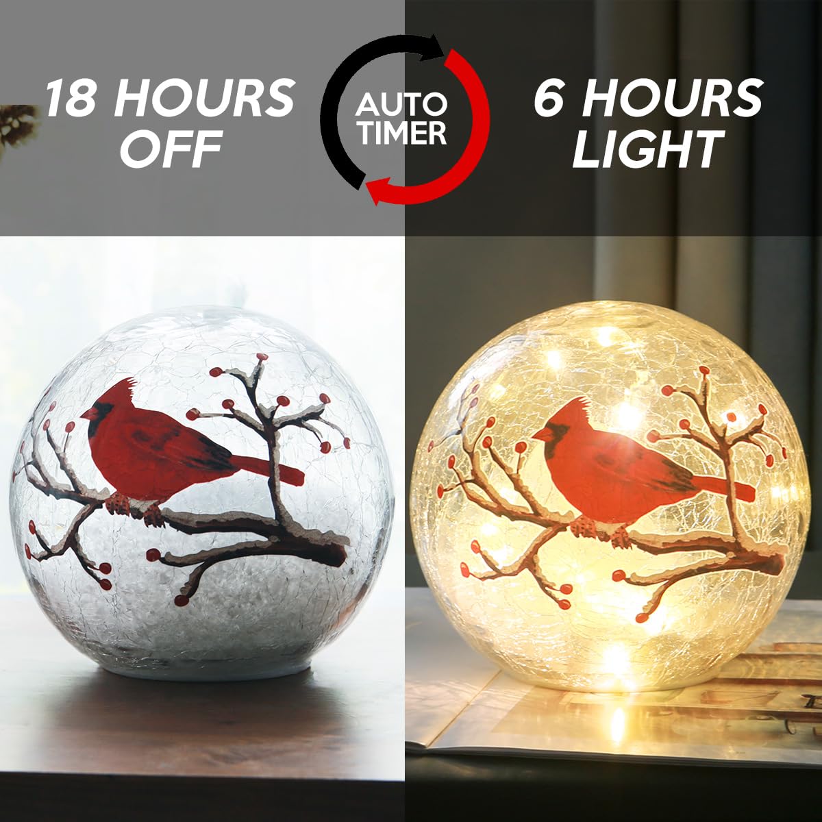 Kaowod Crackle Glass Ball Cardinal Lamp - 4" LED Night Light with Timer, Stained Glass Red Cardinal Decor, Clear Finish