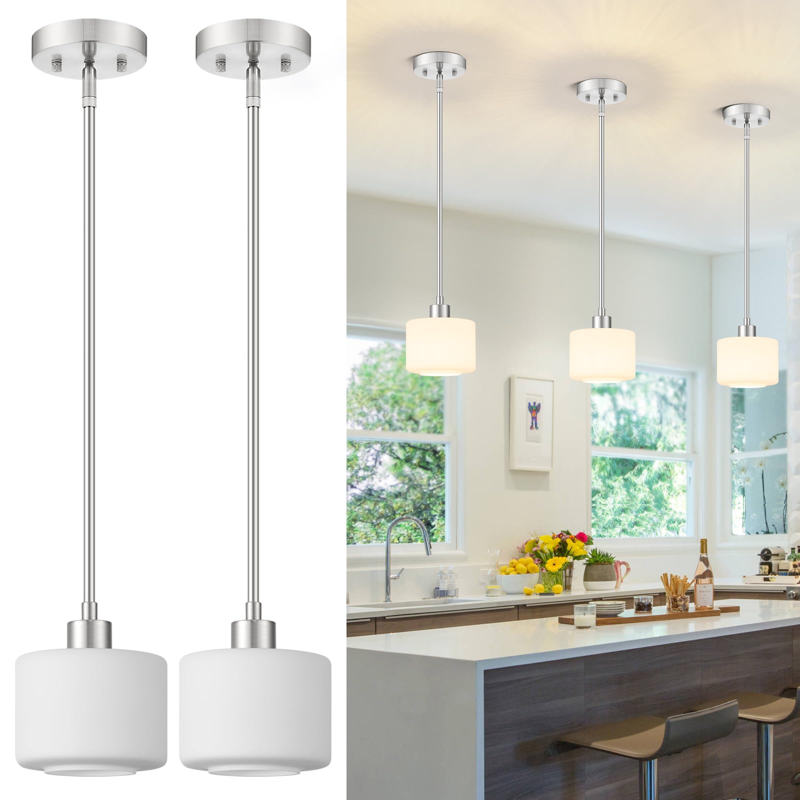 Osimir Milk Glass Pendant Lights Kitchen Island 2 Pack  Modern Brushed Nickel Hanging Light Fixtures with Rods  Mini Kitchen Pendant Lighting Over Island for Sink Bathroom  OS-YQ8153-2PBN