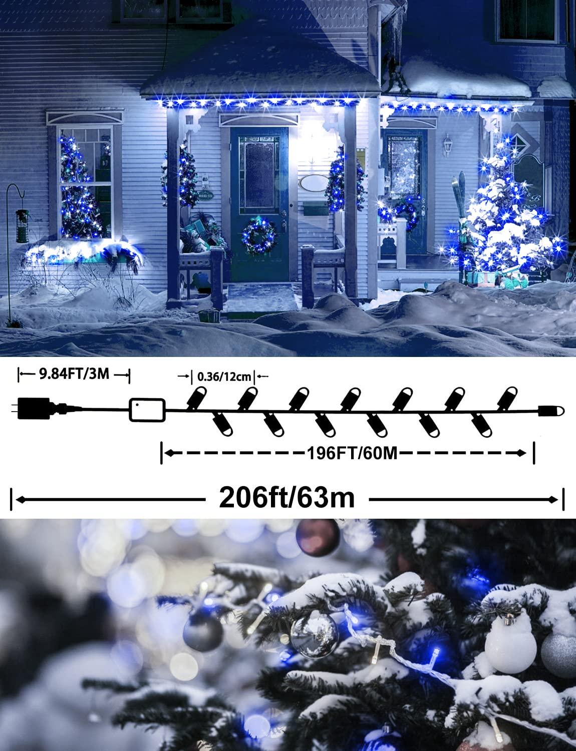 Jxledayy 200Ft 500 Led Waterproof Christmas Lights - White & Blue Fairy String Lights