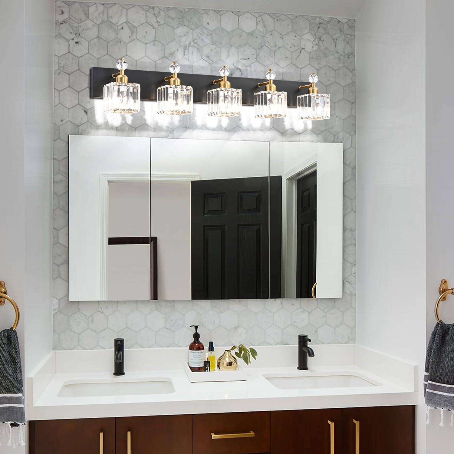 PRESDE 5-Light Bathroom Vanity Lights, Modern Black & Gold K9 Crystal Fixtures, Model 837d797d-fafd-42ea-8b46-263e45135383
