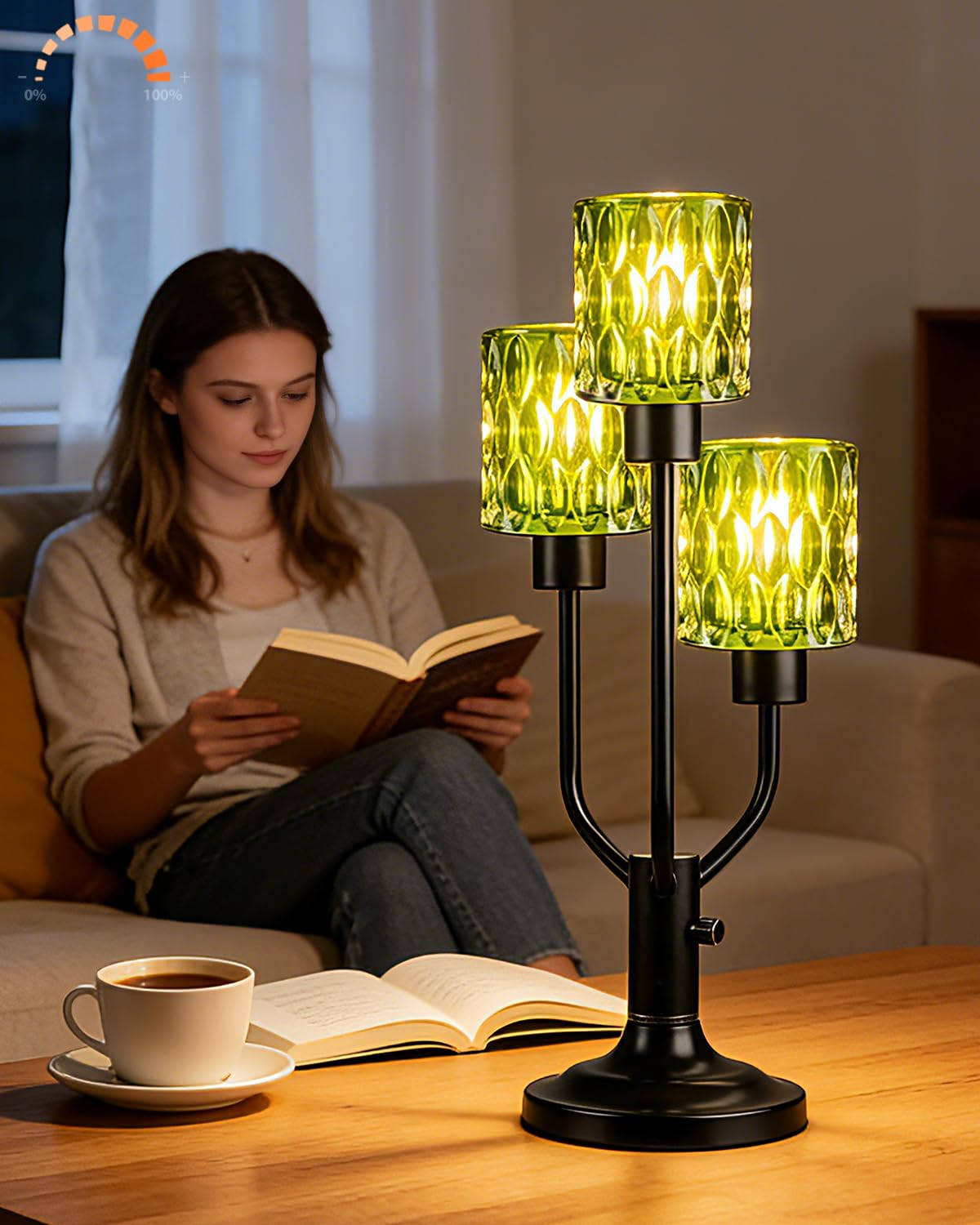 Lightdot Modern Glass Table Lamp Dimmable Mid Century 3-Light Black Desk Lamp with Green Glass Shade& Bulb Included 3000K Warmwhite Nightstand Lamp for Bedroom Bedside End Table