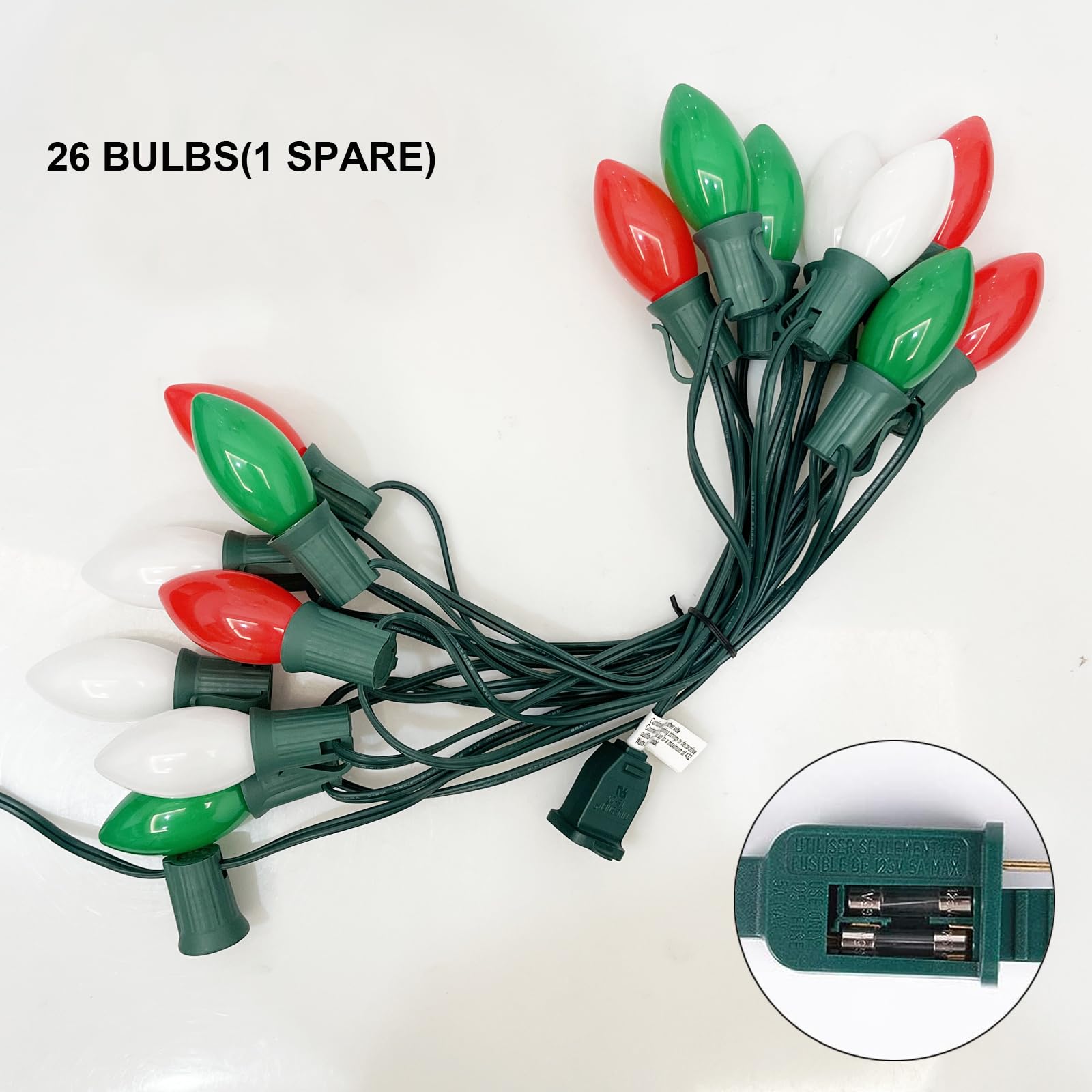 Sunsgne 25 Feet Vintage Christmas Tree Lights With 26 7W Red Green White Glass Bulbs(1 Spare), Connectable Hanging Lights For Pa