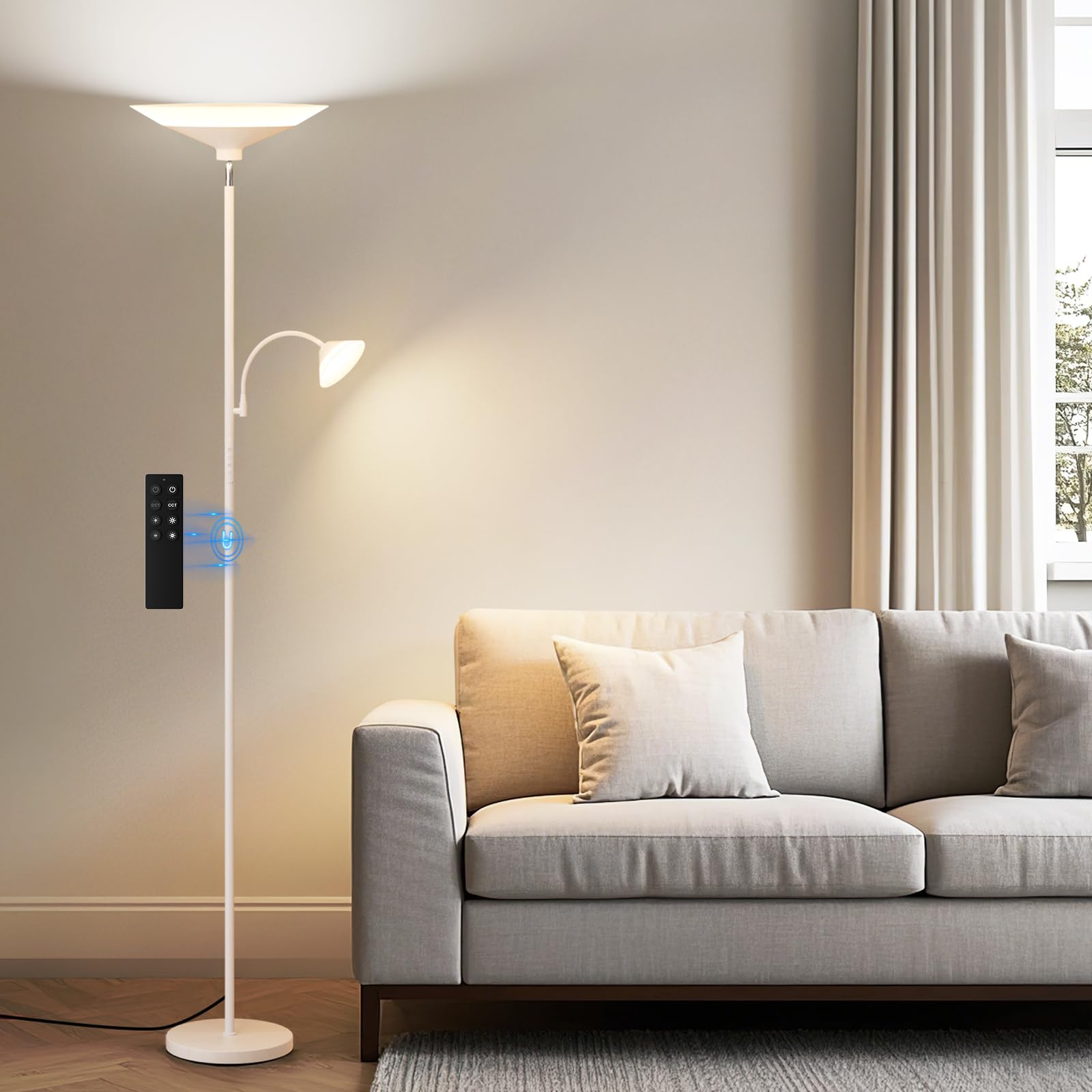 Sibrille Upgraded 2-Light Torchiere Floor Lamp - 34W Color Changing Standing Lamp With Remote, Rotatable Floor Reading Light, Mo