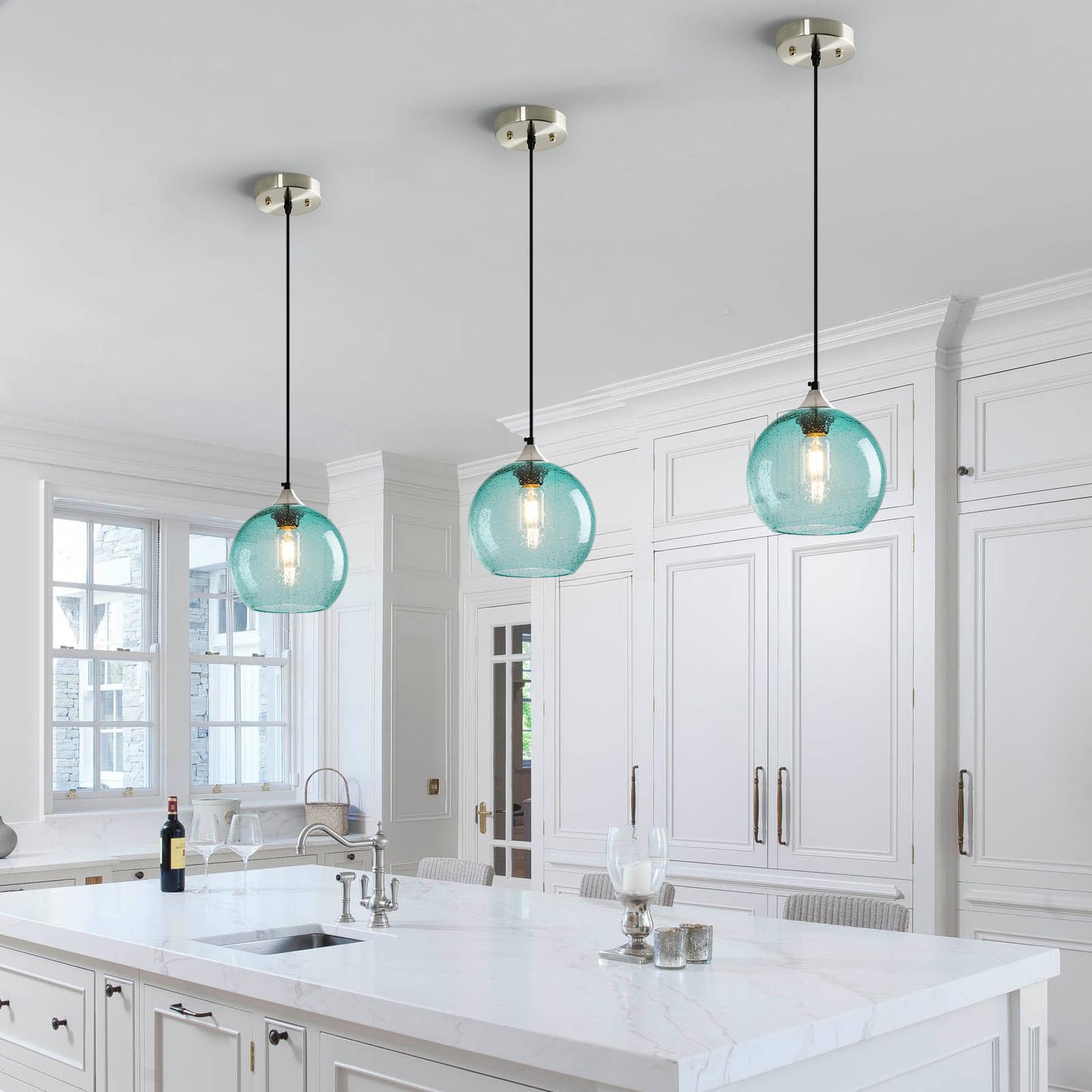 Lbsqj Light Blue Glass Pendant Lights Kitchen Island Lighting Globe Pendant Light Fixtures Modern Pendant Lighting For Bedroom Living Dining Room Light Fixture (7.87 In  3 Pack)