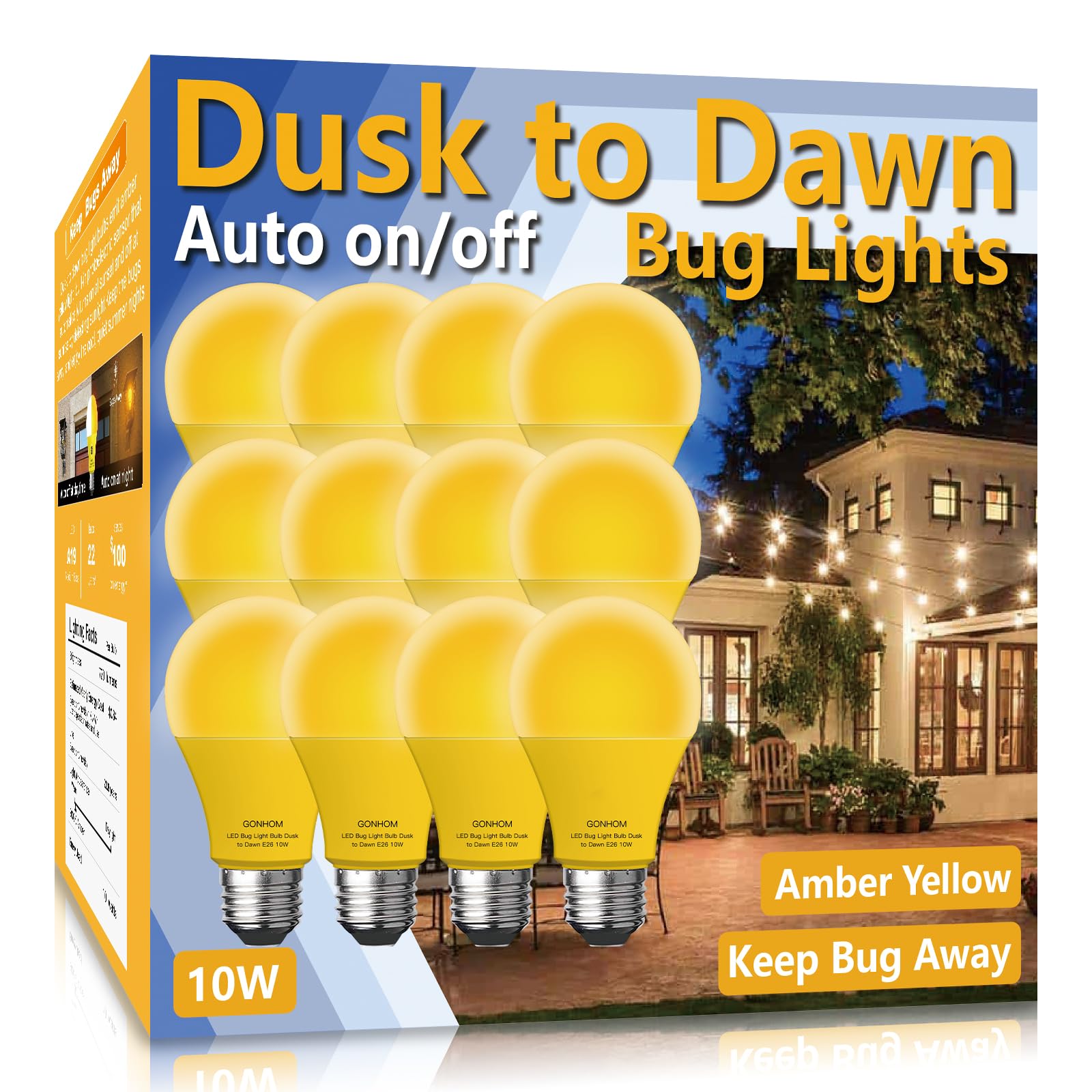 Gonhom Dusk To Dawn Bug Light Bulb Outdoor,12 Pack Amber Bug Light Bulb,Auto On/Off,10W(100W Equivalent),E26 Base,Bug Lights For