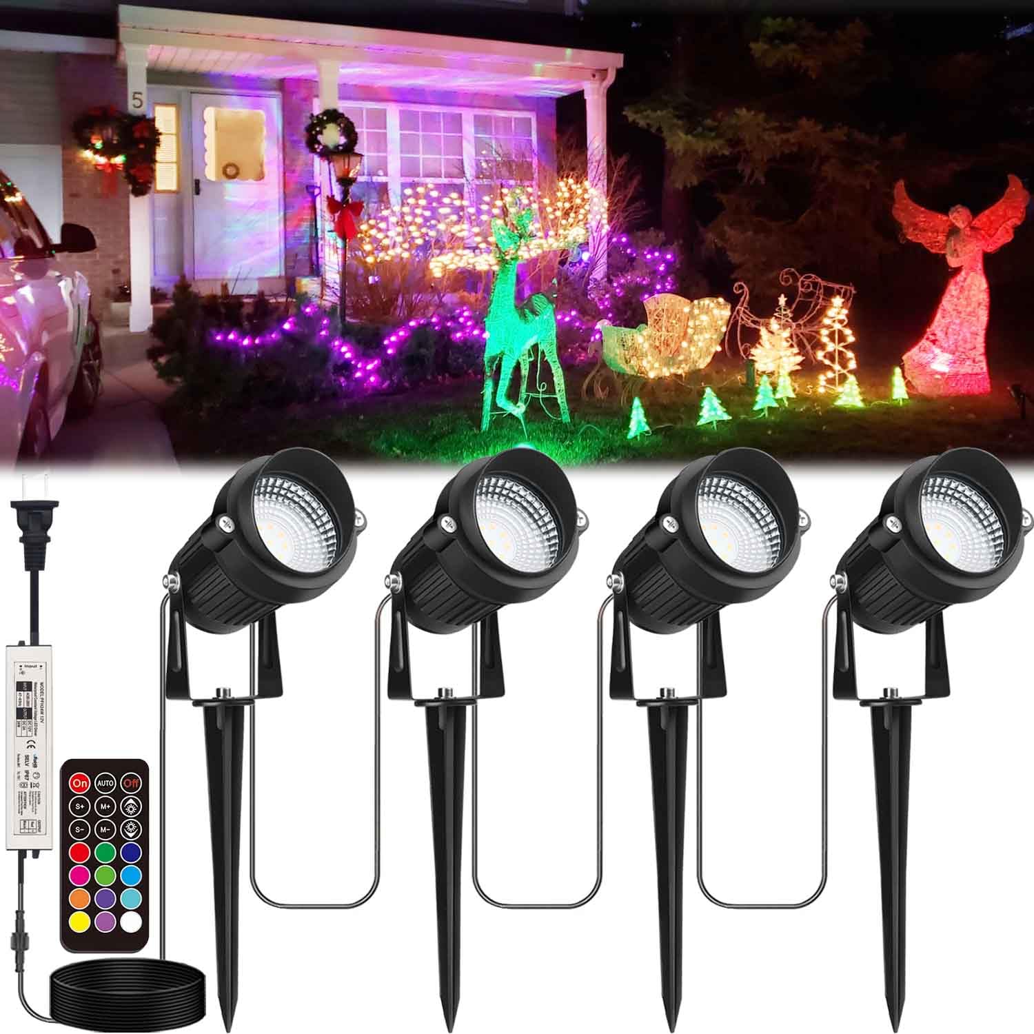 Christmas Halloween Spotlight Outdoor  24W Rgb Color Changing Landscape Lighting With 12 Colors 19 Modes  120V Waterproof Spotlight With Remote  Outdoor Led Spot Lights For Yard Garden D?Cor 4 Pack