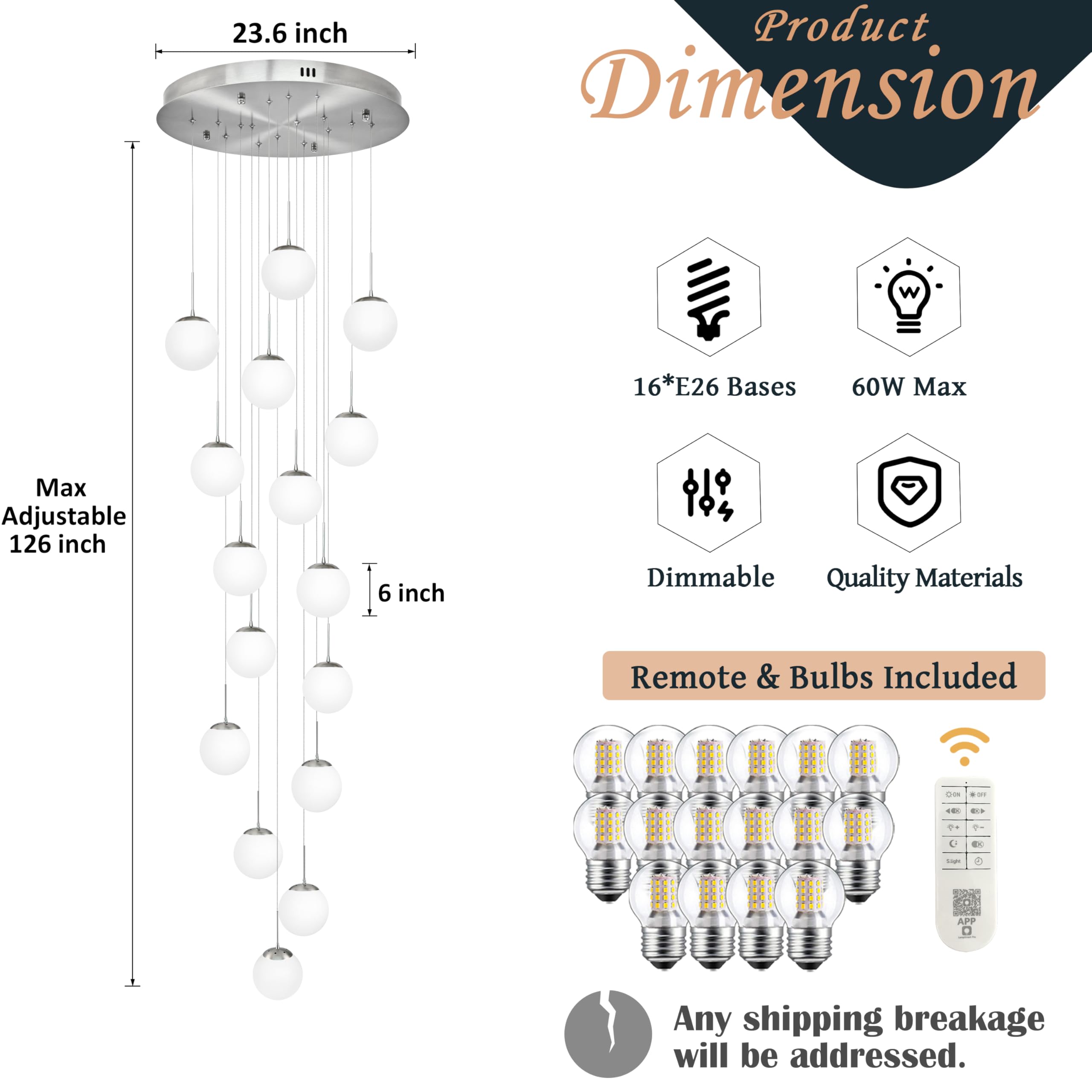Koko&Yukina 16-Light Nickel Mid Century Modern Chandelier For Living Room Staircase Chandelier For Entryway Globe Milky White Gl