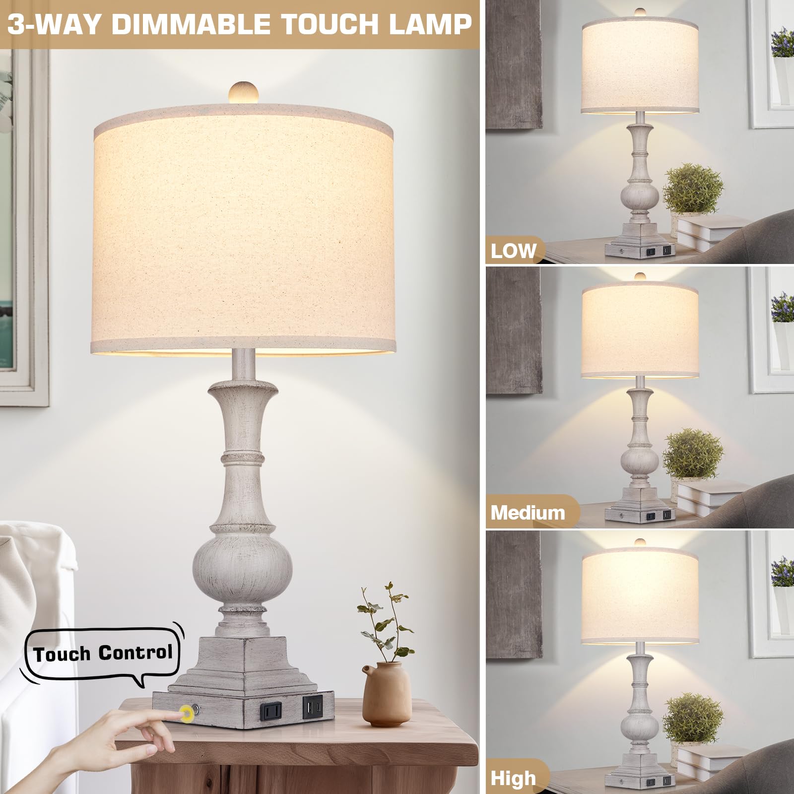 26'' Farmhouse Lamp With 2 Usb Ports & Ac Outlet, Vintage Rustic Touch Control Bedside Lamp, Resin 3-Way Dimmable Nightstand Lam