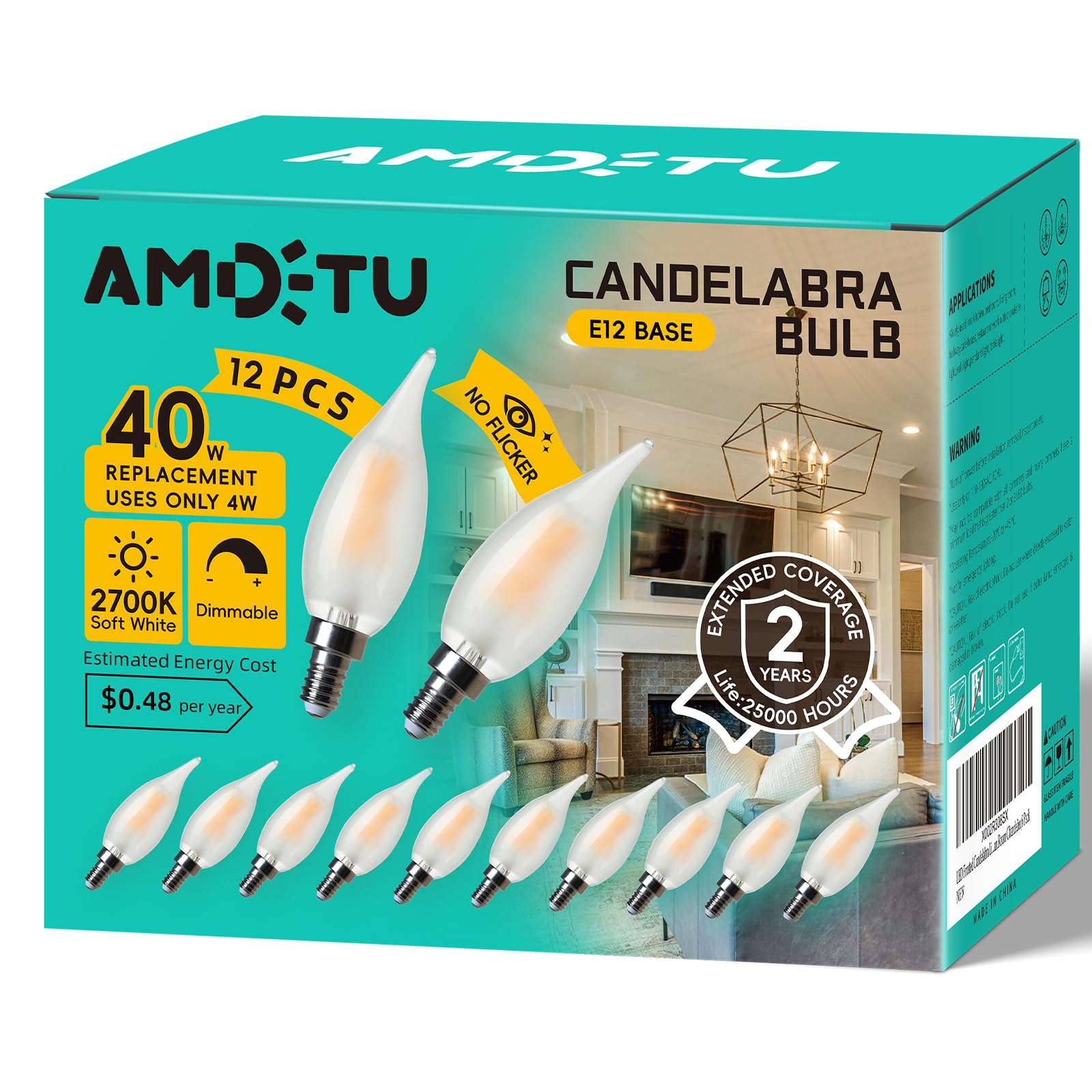 Amdtu E12 Type C 40 Watt Equivalent 2700K Frosted Led Bulb Candelabra Small Base Candle Dimmable Chandelier Light Ideal For Dini