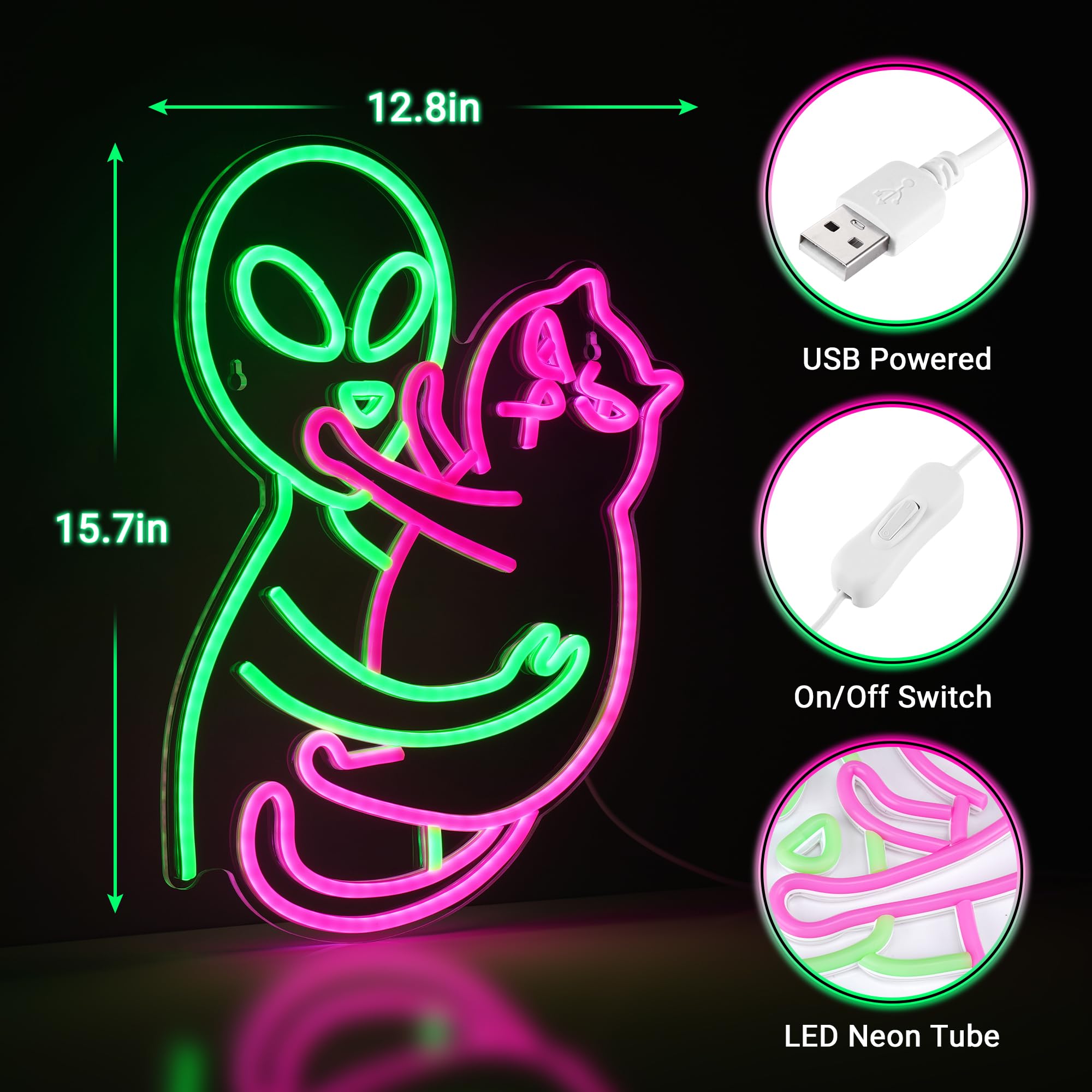 Kavaas Alien Cat Neon Sign  Green Alien Petting Cat Led Light For Game Room  Party  Bar  Man Cave Decor | Alien Neon Light Wall Decor - Best Gifts For Alien Fans  Teenage Boys  Kids