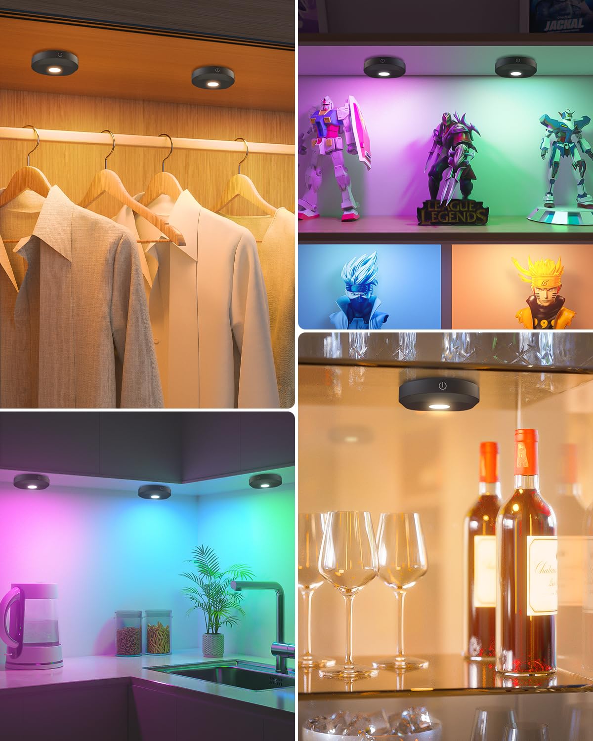 Willed Under Cabinet Lighting Wireless,Rgb Rechargeable Puck Lights With Remote Control,Battery Touch Tap Light With Timer Funct