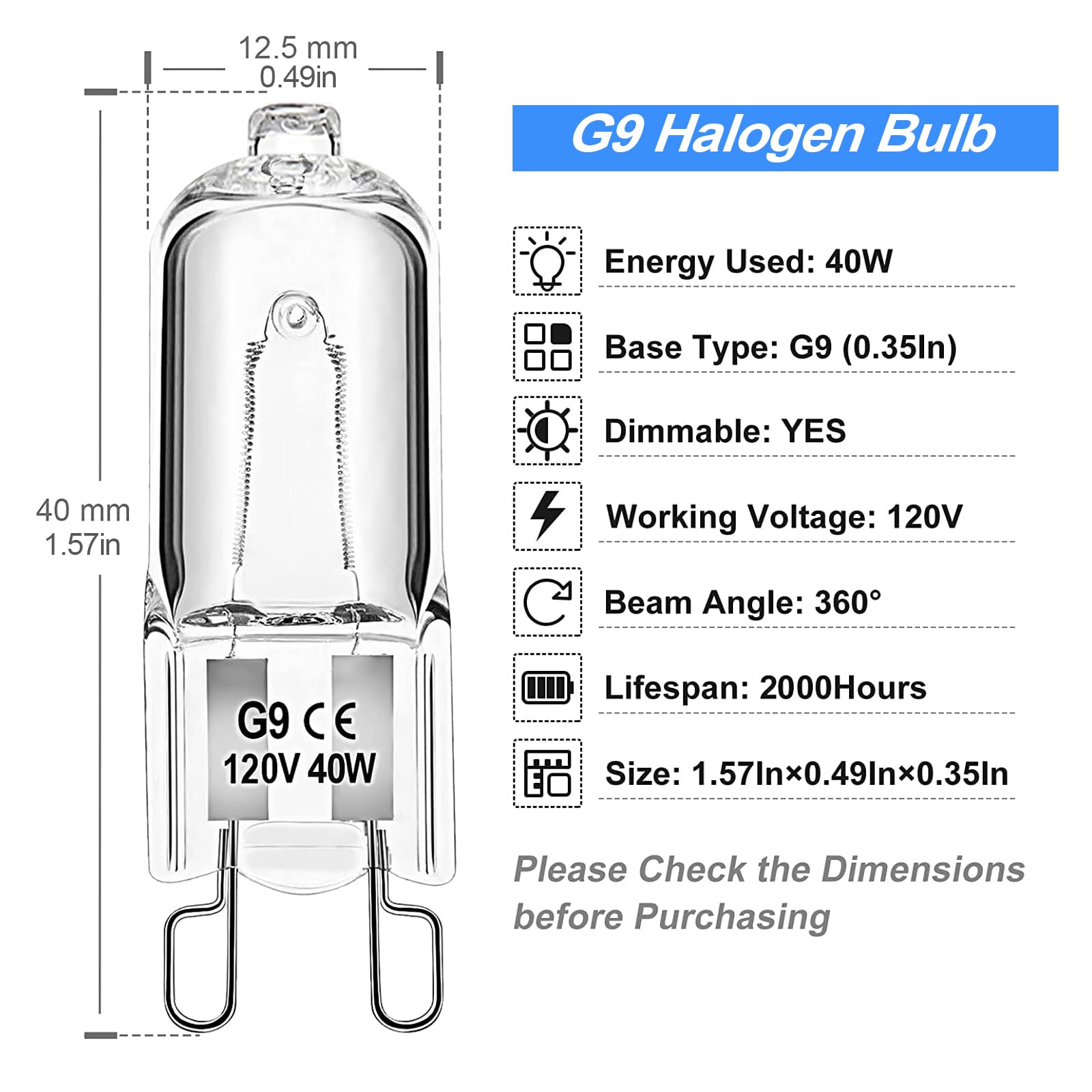 WeshLMPO G9 Halogen Light Bulbs, Dimmable 40W, 120V, T4 JCD Type, Warm White, 12 Pack for Chandeliers & Appliances