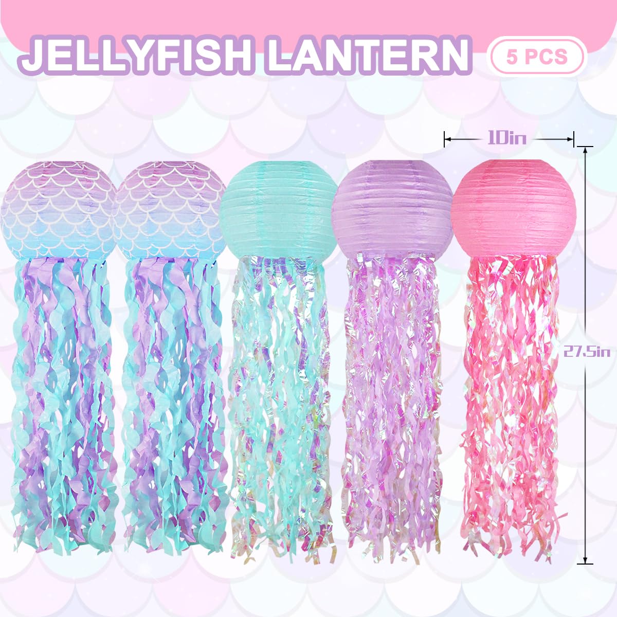 Mermaid Birthday Decorations, Jellyfish Paper Lanterns Pink Lavender Blue Mermaid Scales Hanging Lantern For Mermaid Baby Shower