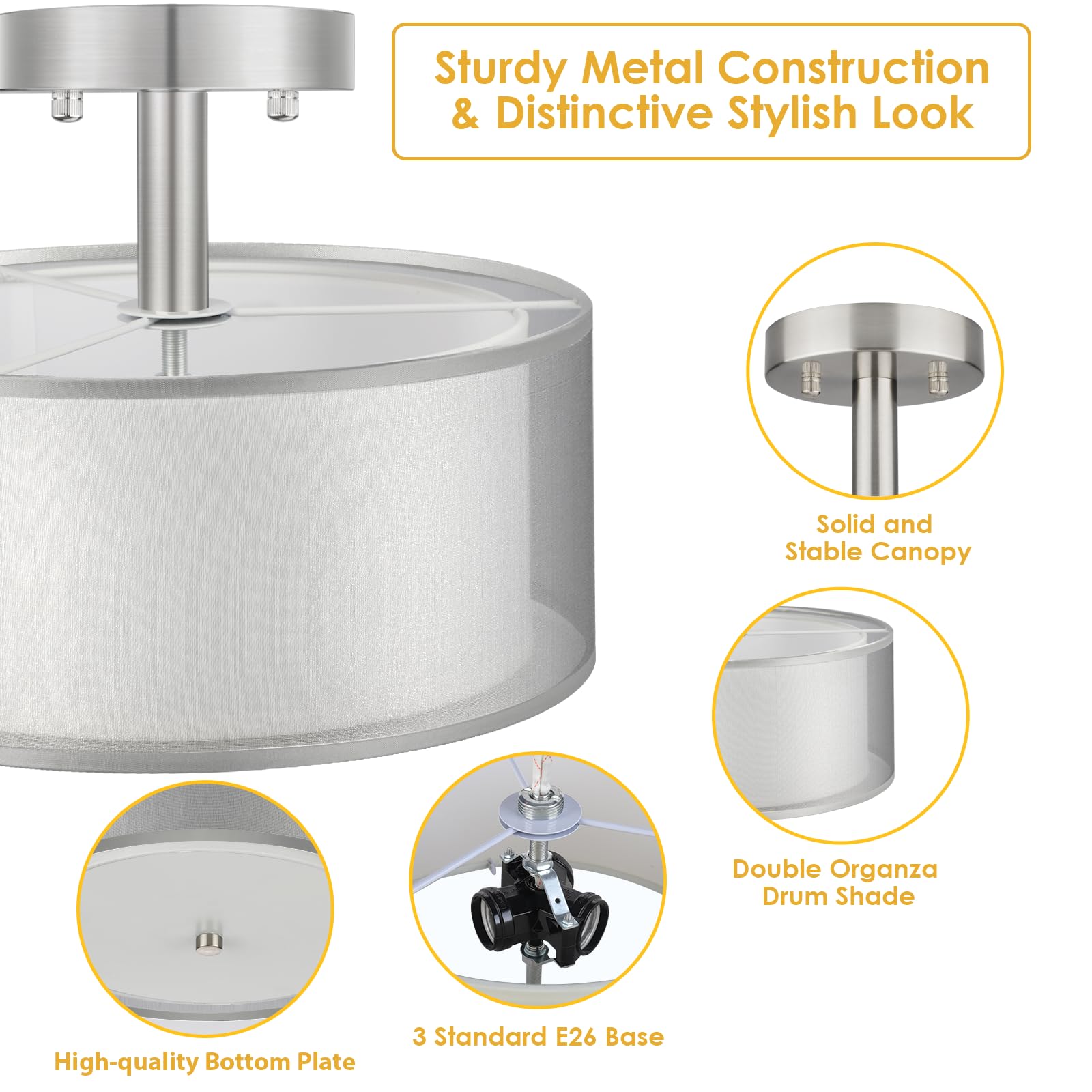 Folksmate Silver Semi Flush Mount Ceiling Light Fixture, 3-Light Drum Light With Double Fabric Shade, Modern Close To Ceiling La